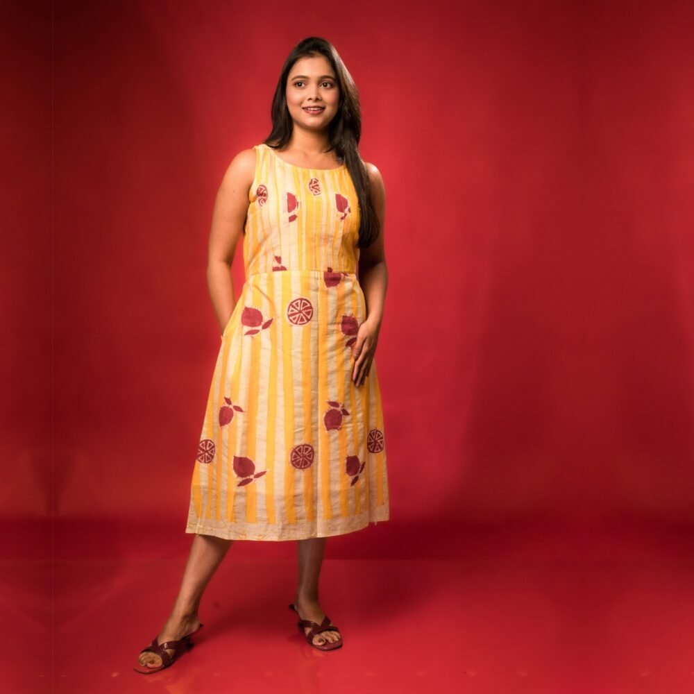 Yellow Striped Lemon Pure Cotton Batik Art Pleated Dress