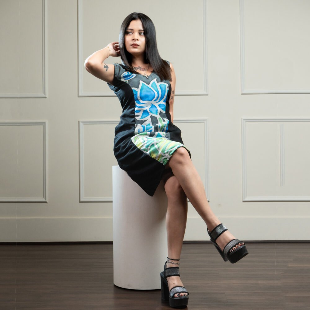 Blue Lotus & Black Hand-painted Silk Cotton Dress