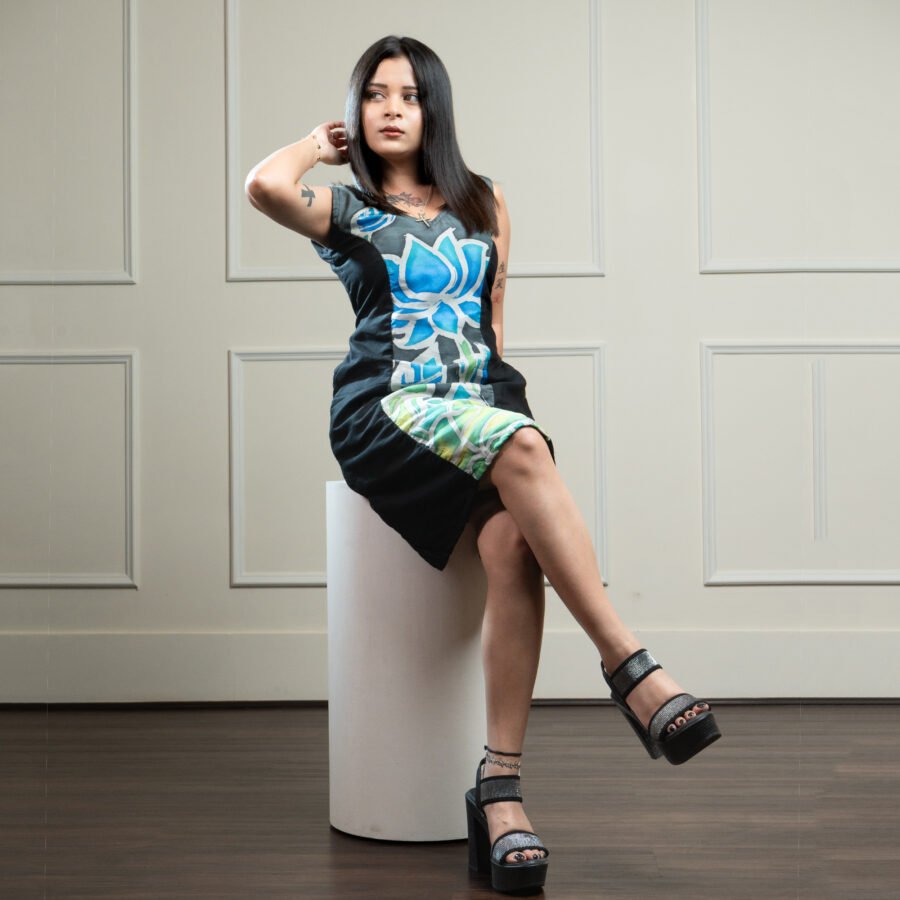 Blue Lotus & Black Hand-painted Silk Cotton Dress