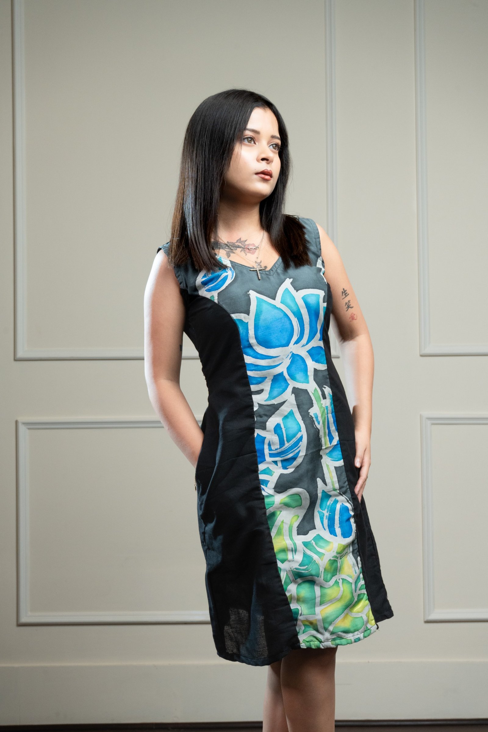Blue Lotus & Black Hand-painted Silk Cotton Dress - Image 2