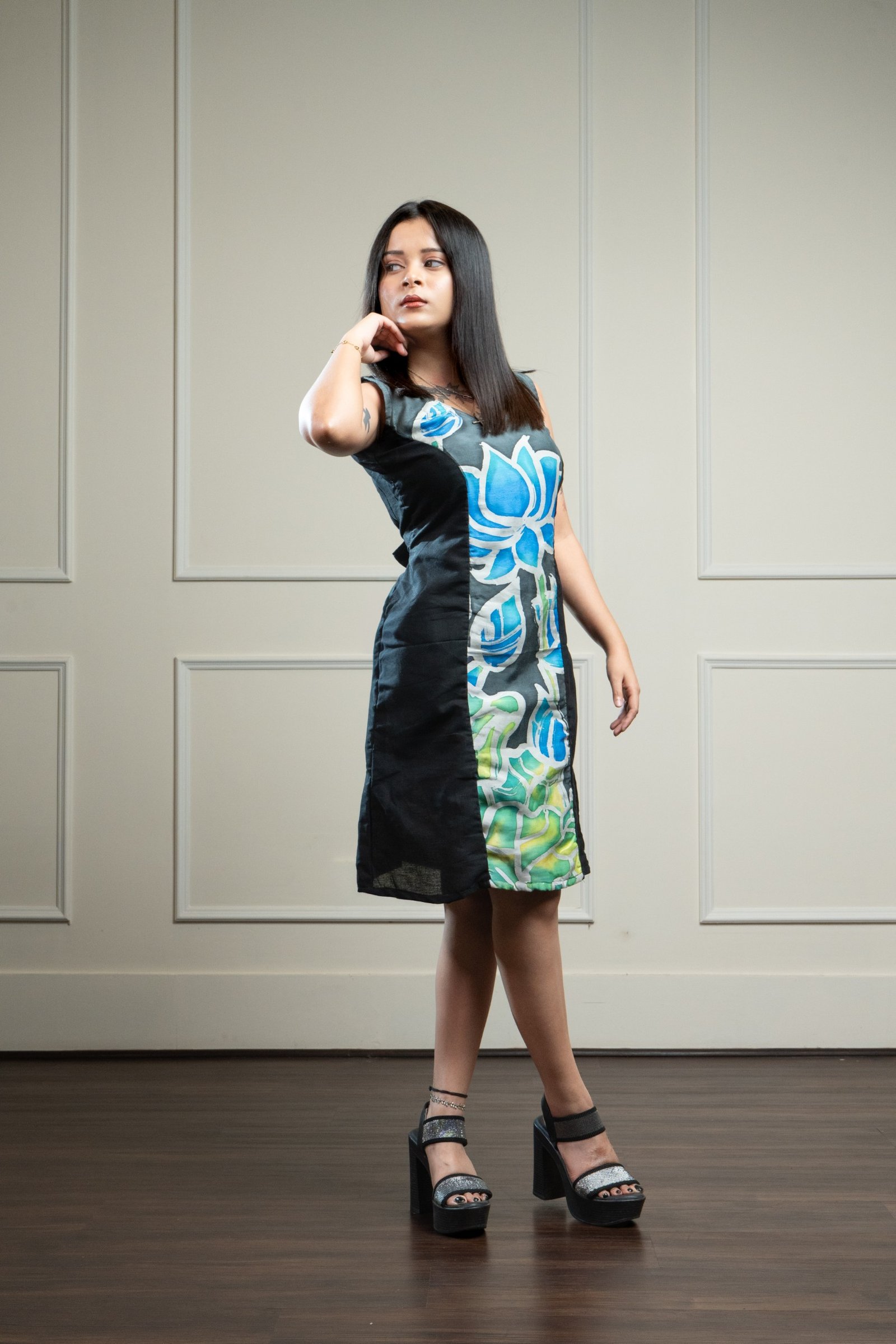Blue Lotus & Black Hand-painted Silk Cotton Dress - Image 5