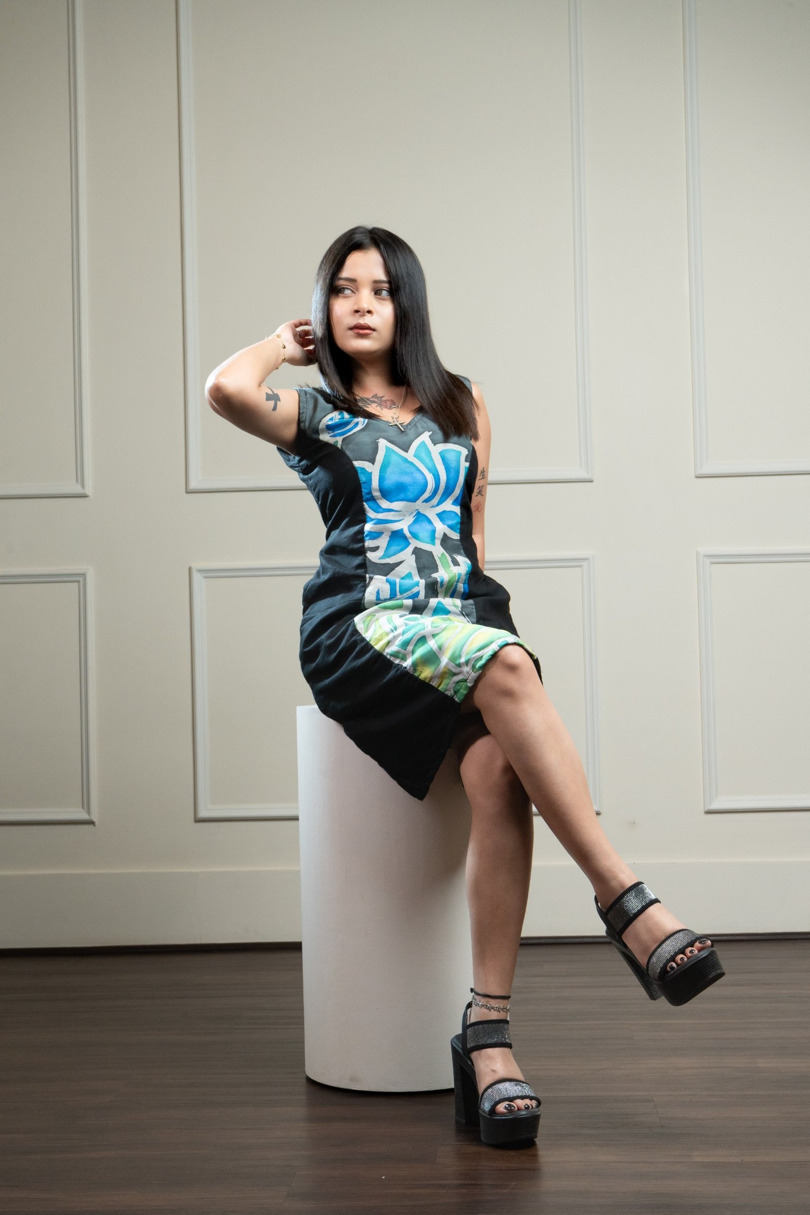 Blue Lotus & Black Hand-painted Silk Cotton Dress - Image 6