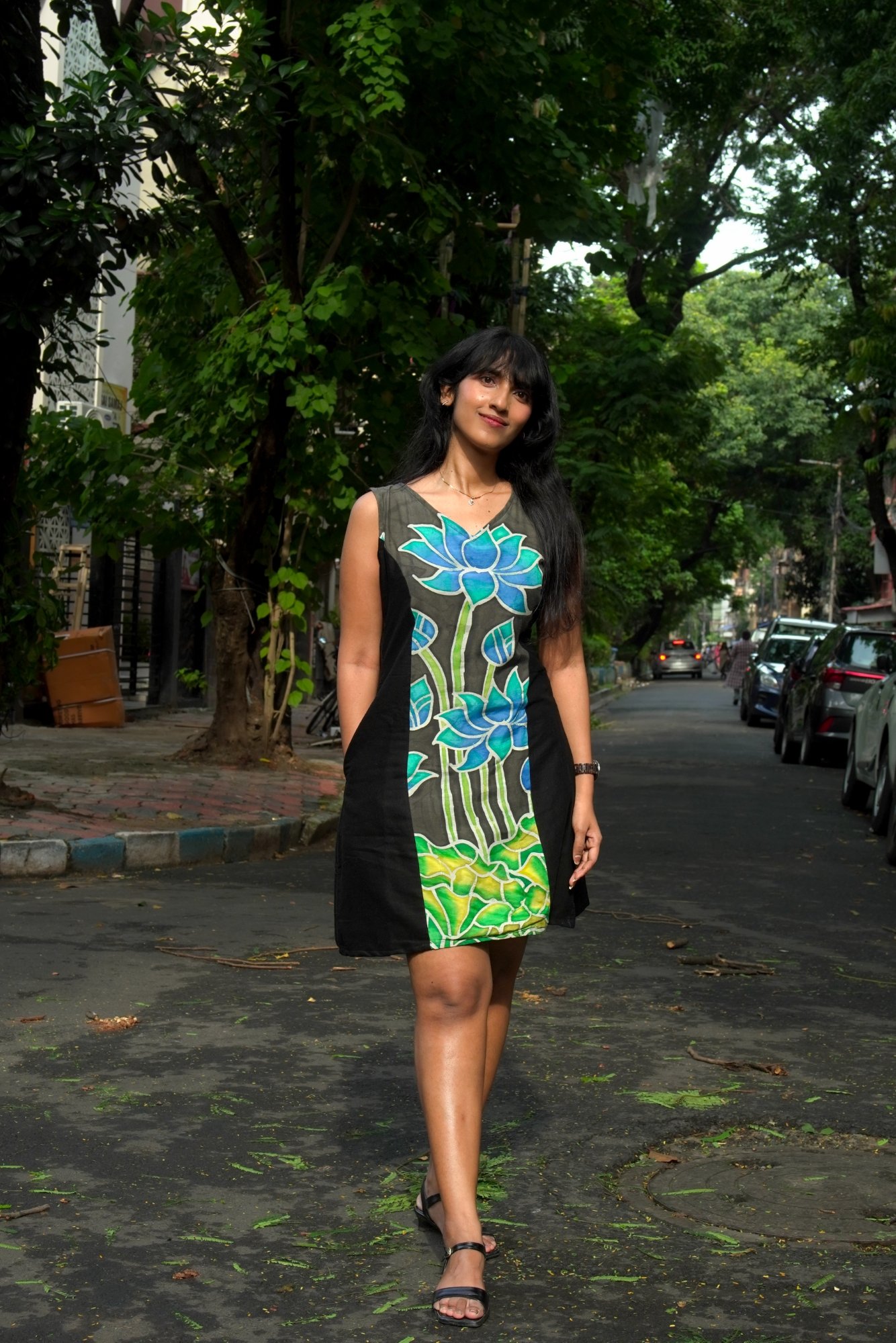 Blue Lotus & Black Hand-painted Silk Cotton Dress - Image 6