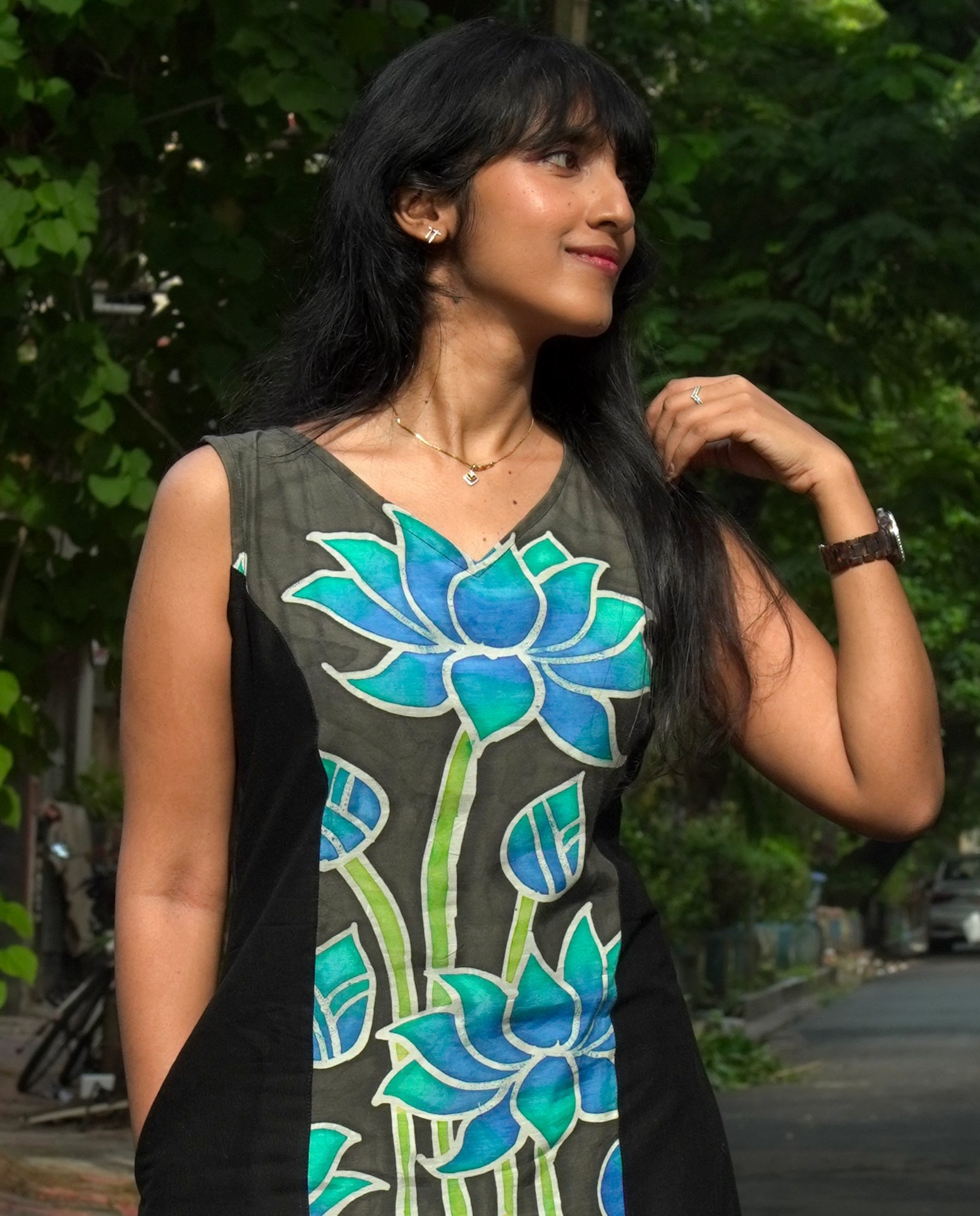Blue Lotus & Black Hand-painted Silk Cotton Dress - Image 4