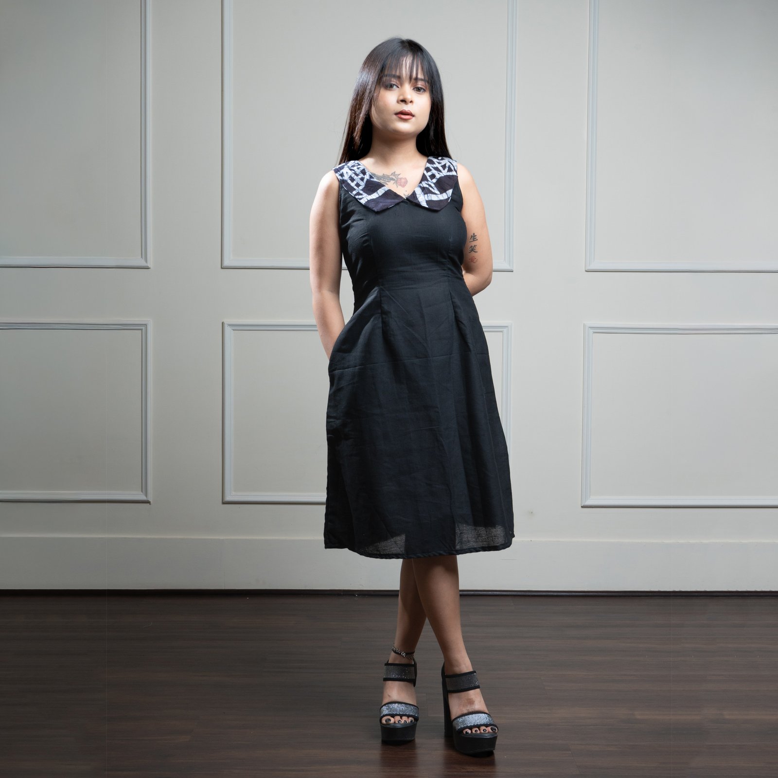 Fish Collar Black Pure Cotton Dress