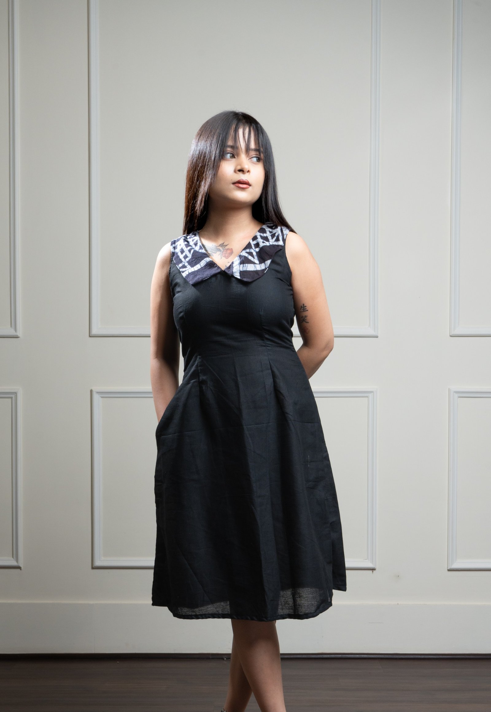 Fish Collar Black Pure Cotton Dress - Image 5