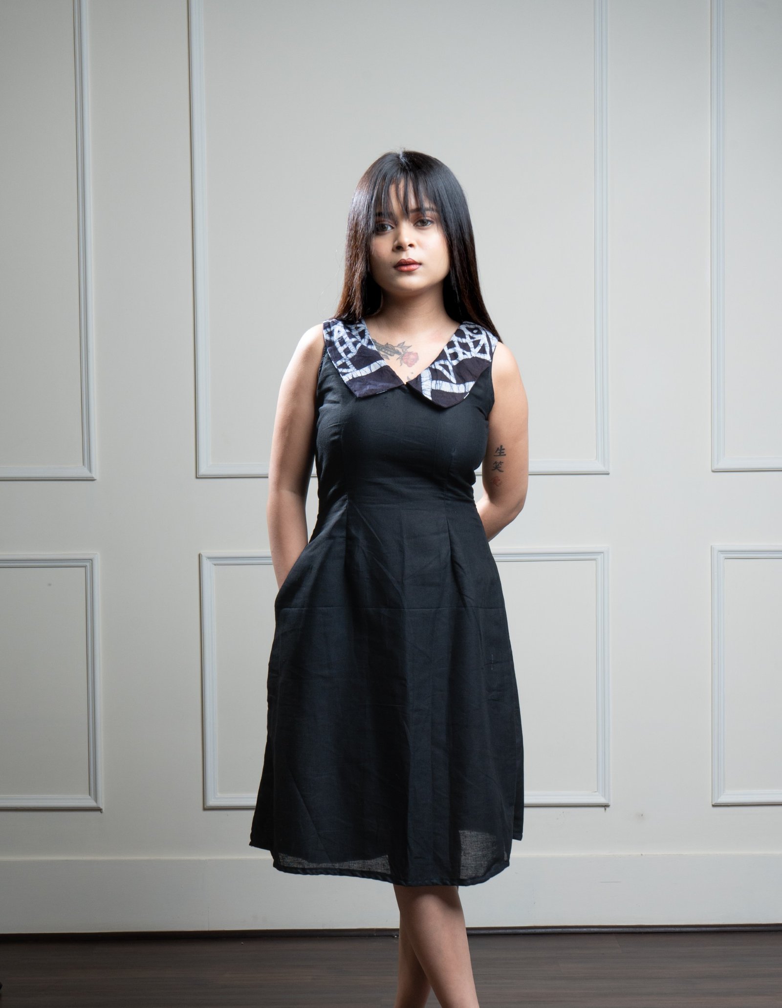 Fish Collar Black Pure Cotton Dress - Image 6