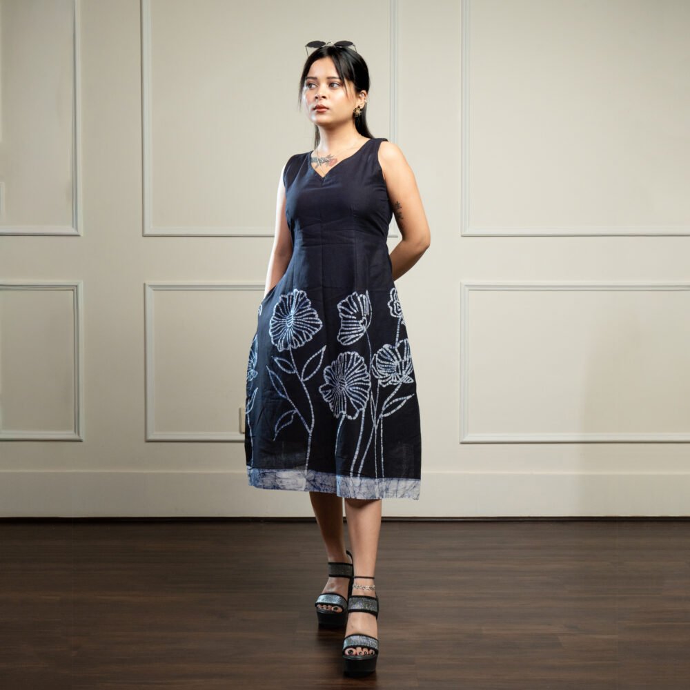 Floral Black Hand Batik Pure Cotton Belt Dress