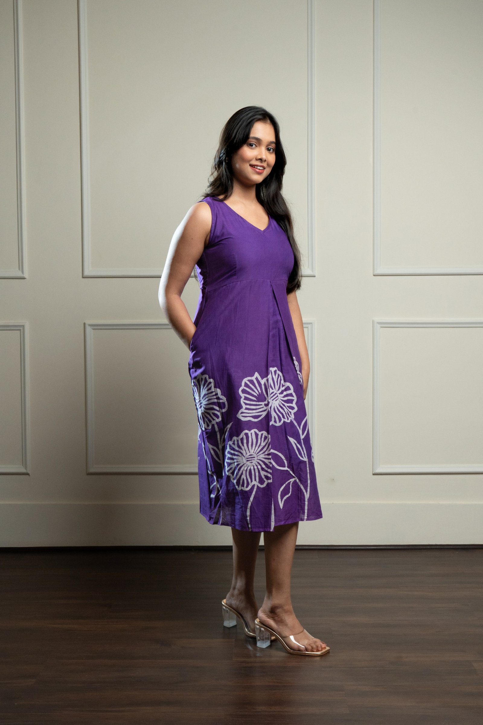 Floral Purple Hand Batik Pure cotton Dress - Image 3