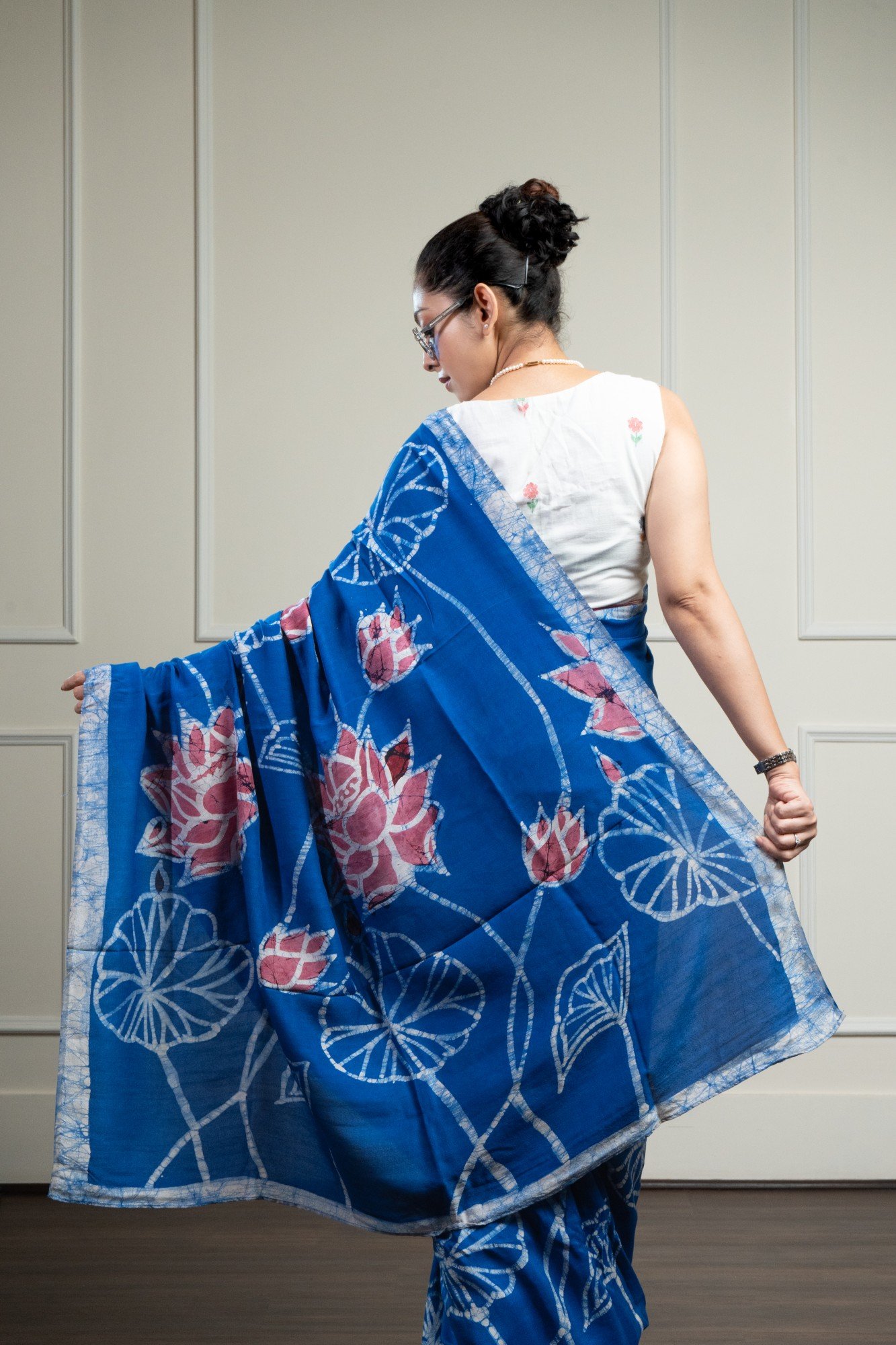 Lotus Blue Hand Batik Silk Saree - Image 2