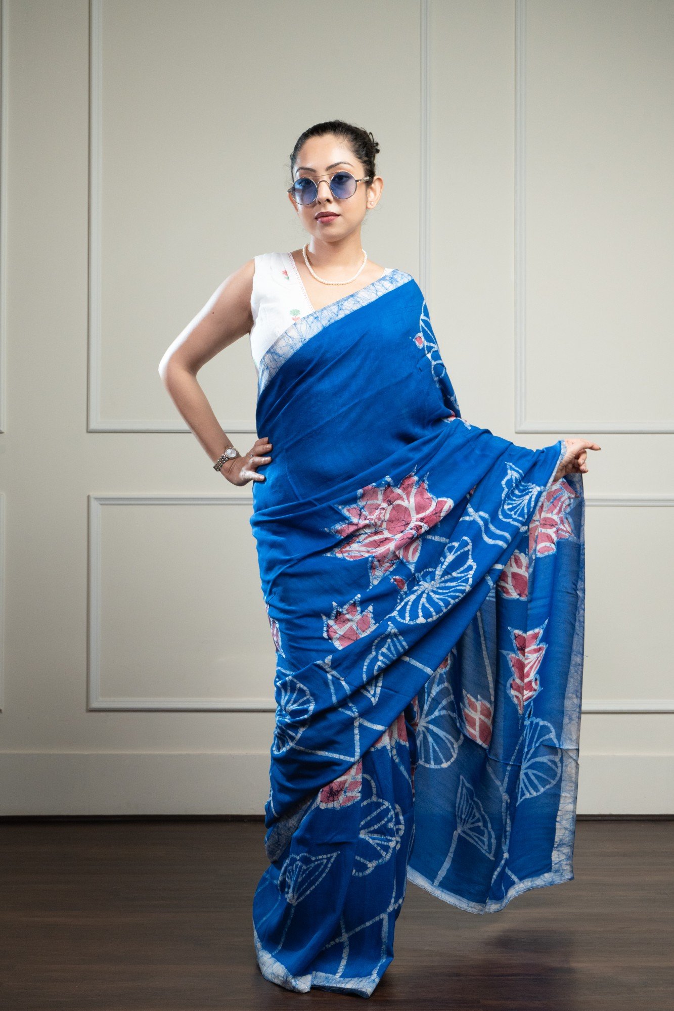 Lotus Blue Hand Batik Silk Saree - Image 5