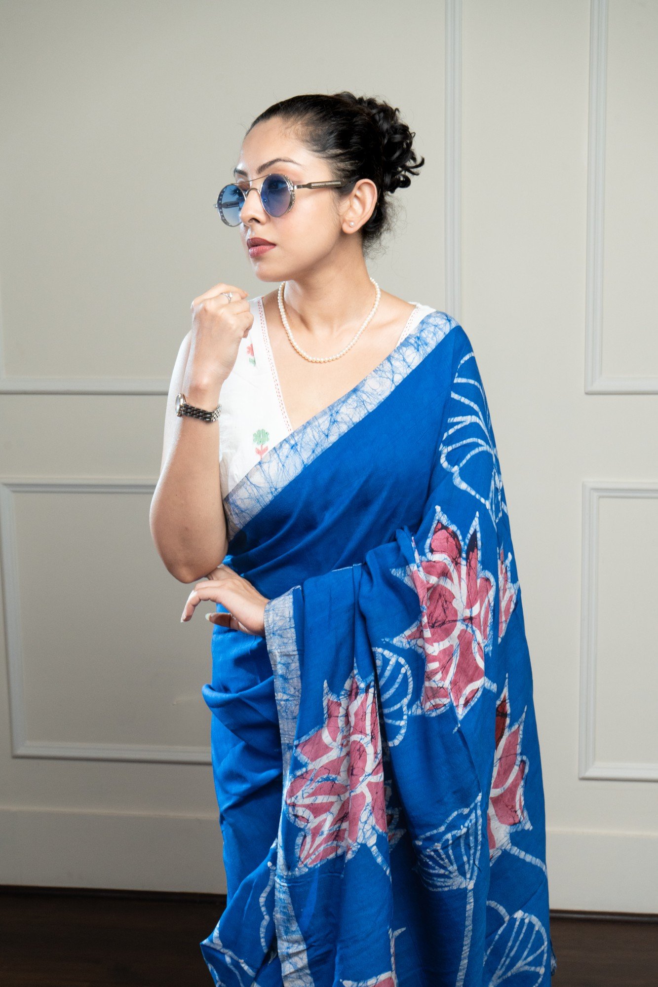 Lotus Blue Hand Batik Silk Saree - Image 6