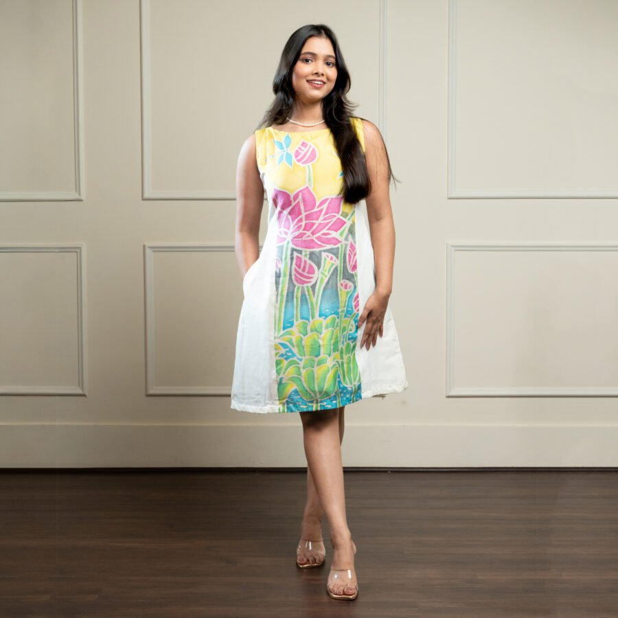 Lotus Hand Brush Painted Silk and Cotton Short Dress
