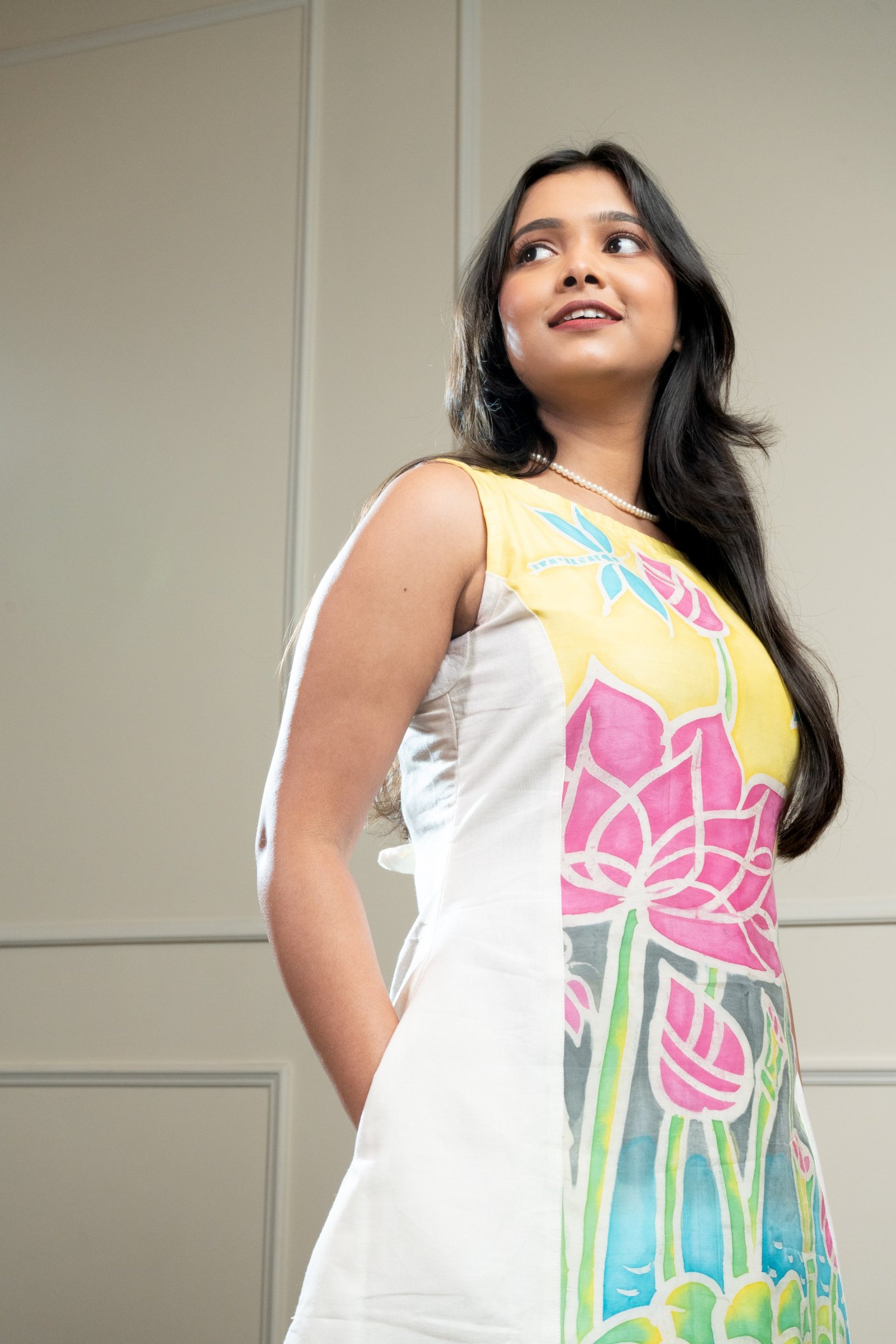 Lotus Hand Brush Painted Silk and Cotton Short Dress - Image 4