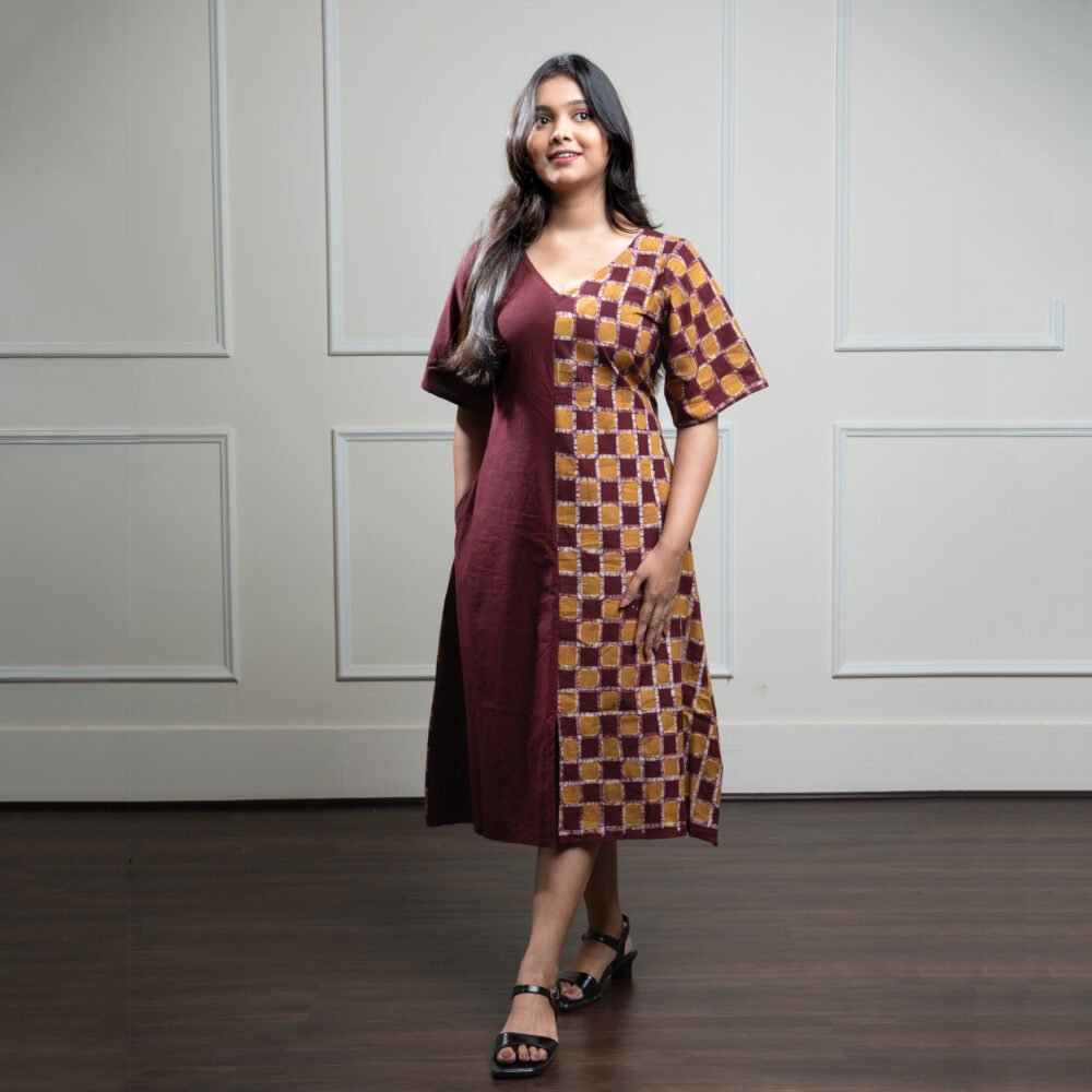Maroon Half Checks Hand Batik Pure Cotton Dress