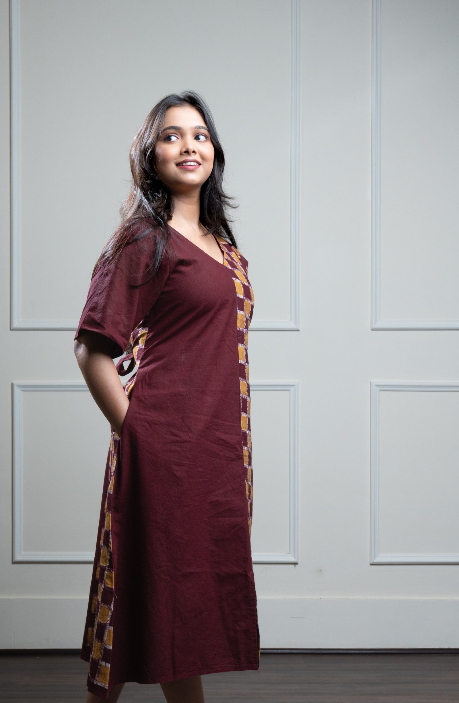 Maroon Half Checks Hand Batik Pure Cotton Dress - Image 2