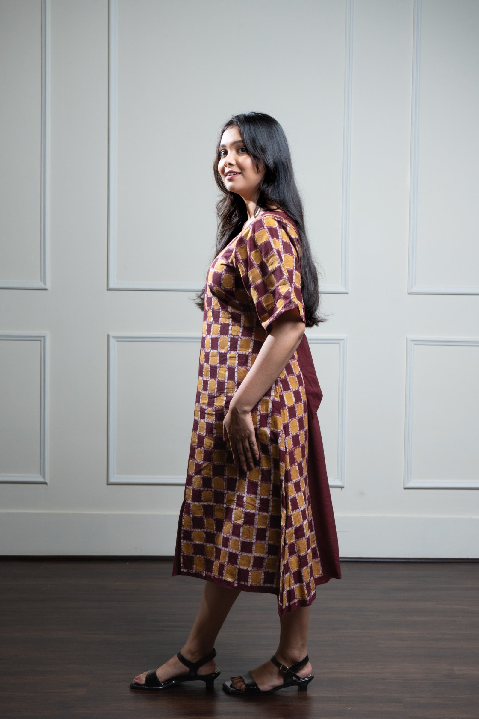 Maroon Half Checks Hand Batik Pure Cotton Dress - Image 3
