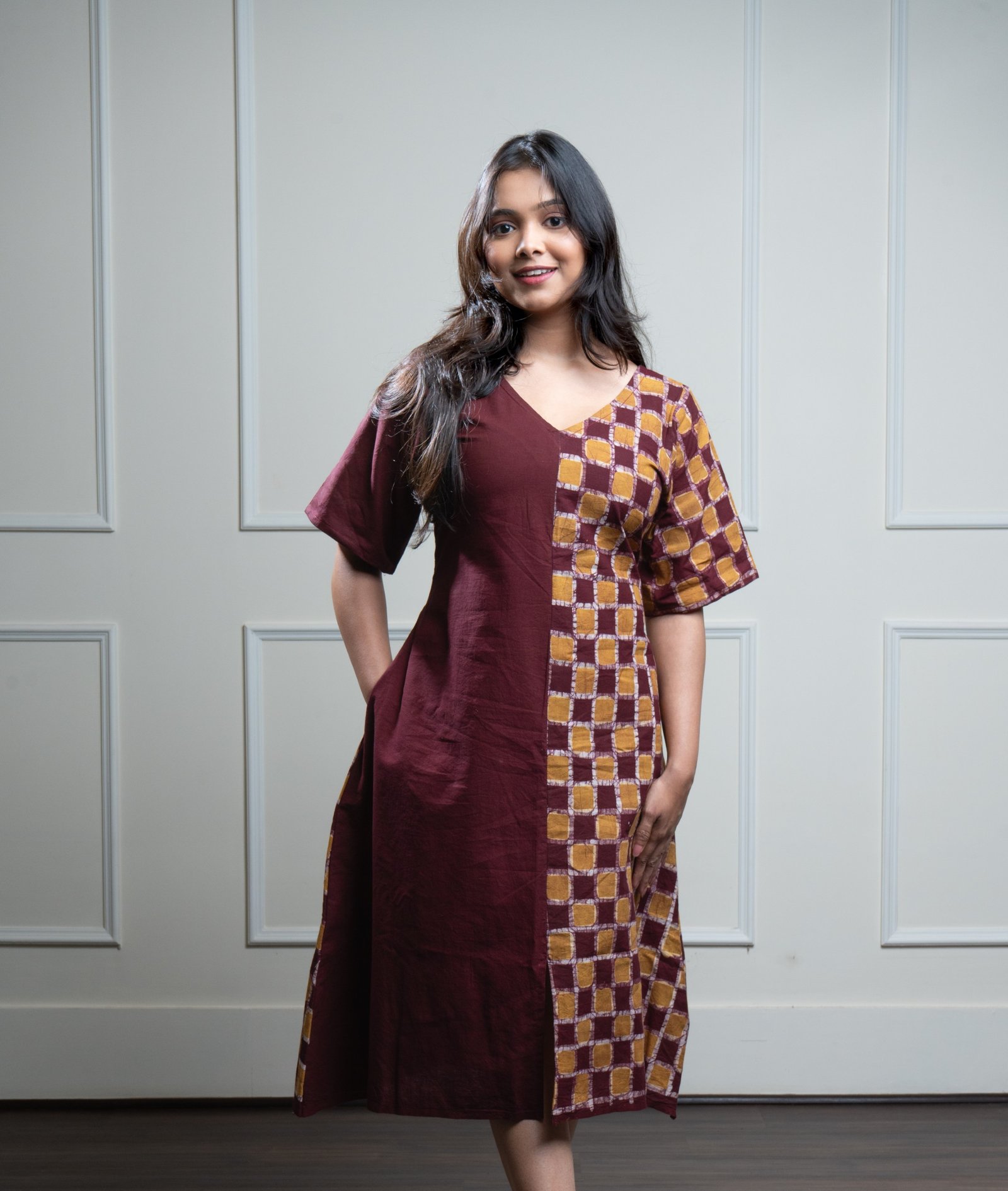 Maroon Half Checks Hand Batik Pure Cotton Dress - Image 4