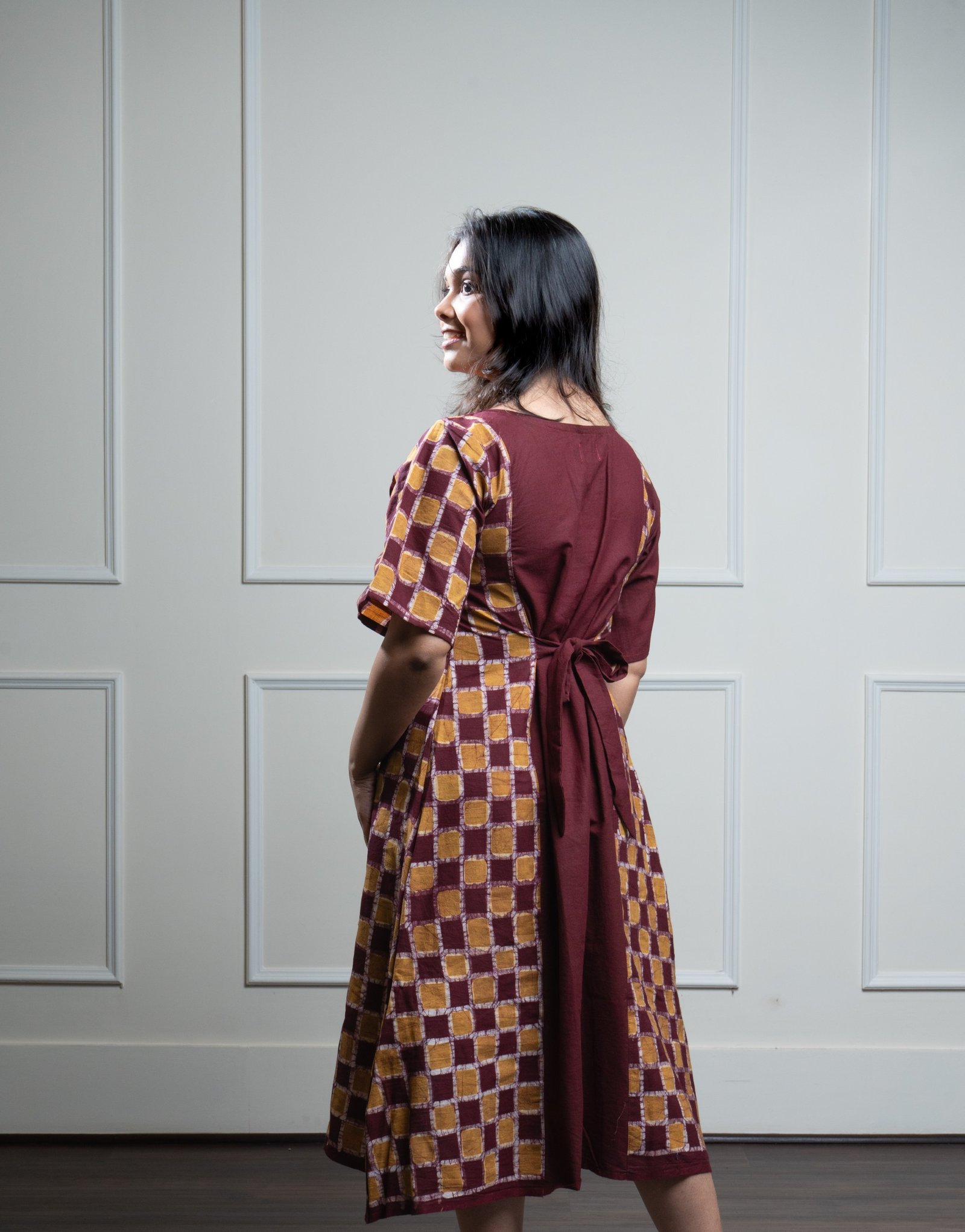 Maroon Half Checks Hand Batik Pure Cotton Dress - Image 6