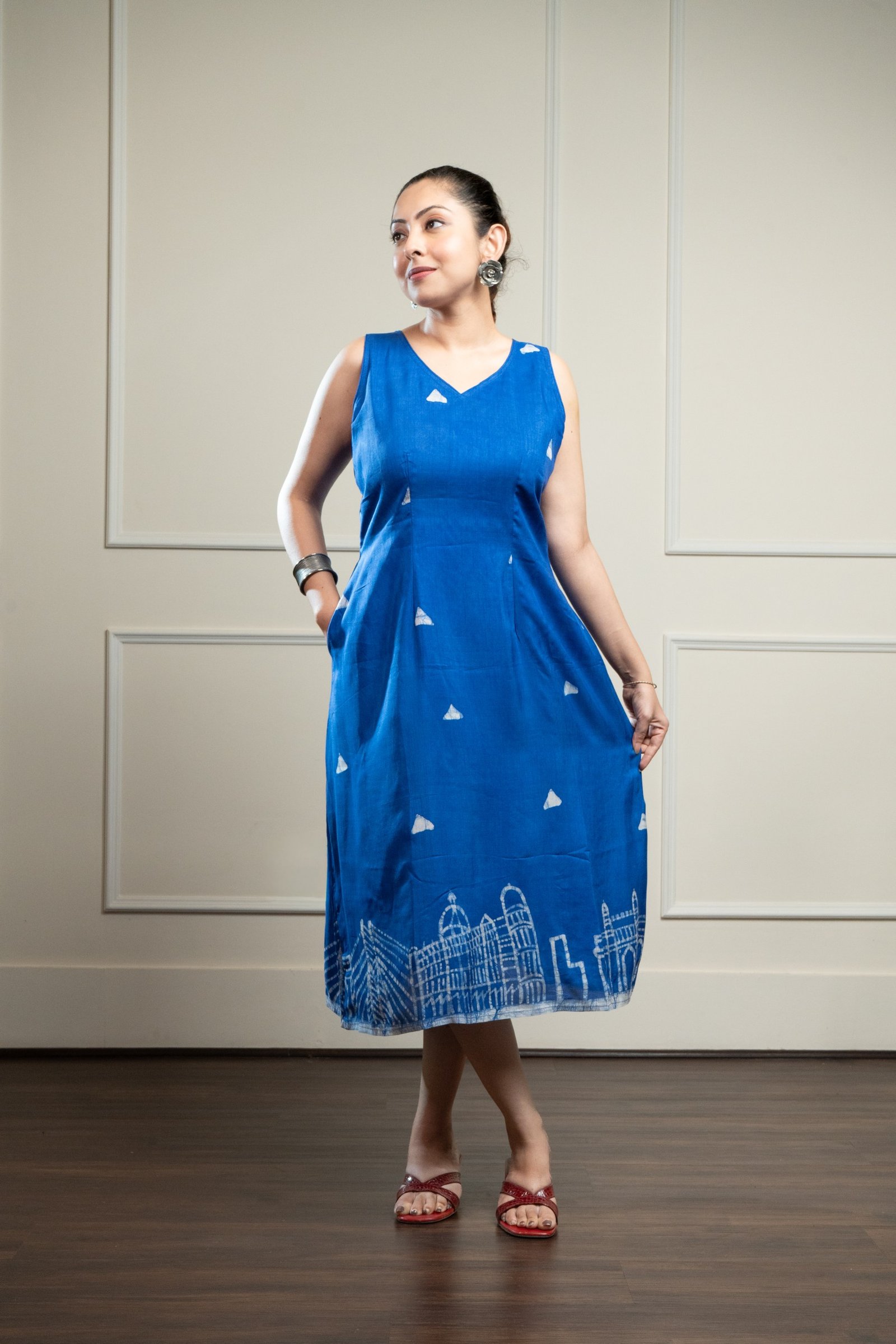 Mumbai Blue Hand Painted Batik Silk Dress - Image 3