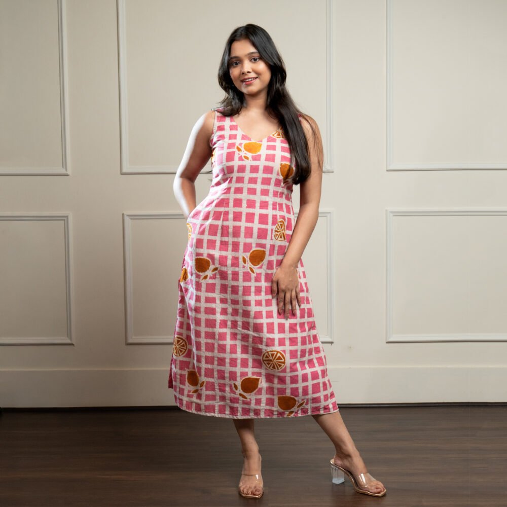 Pink Checks Hand Batik Pure Cotton Dress