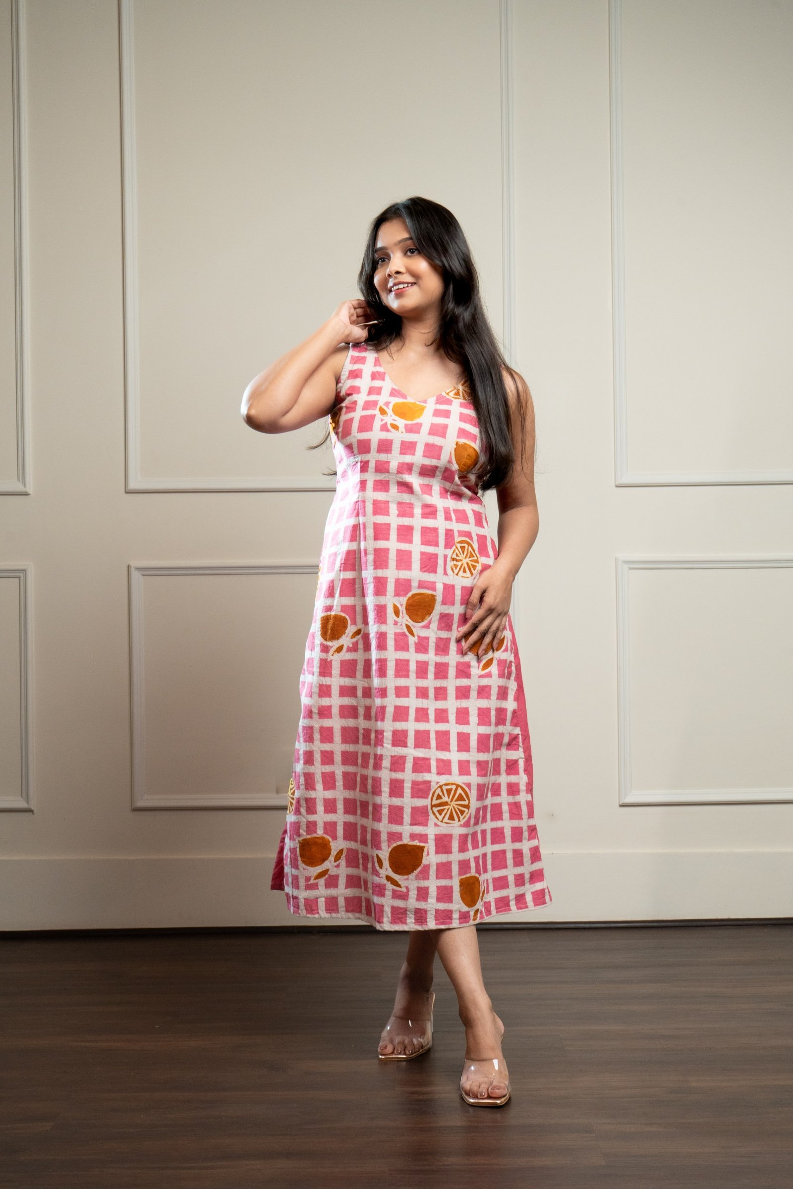 Pink Checks Hand Batik Pure Cotton Dress - Image 2