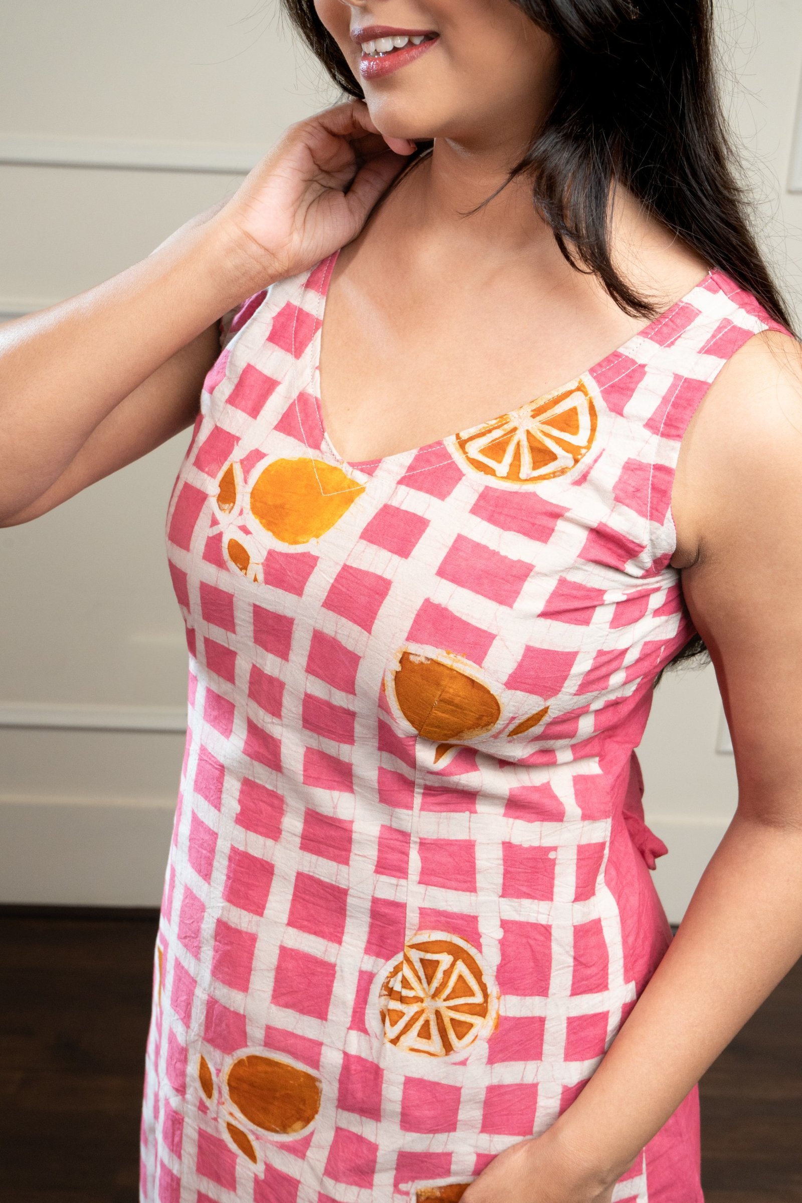Pink Checks Hand Batik Pure Cotton Dress - Image 3