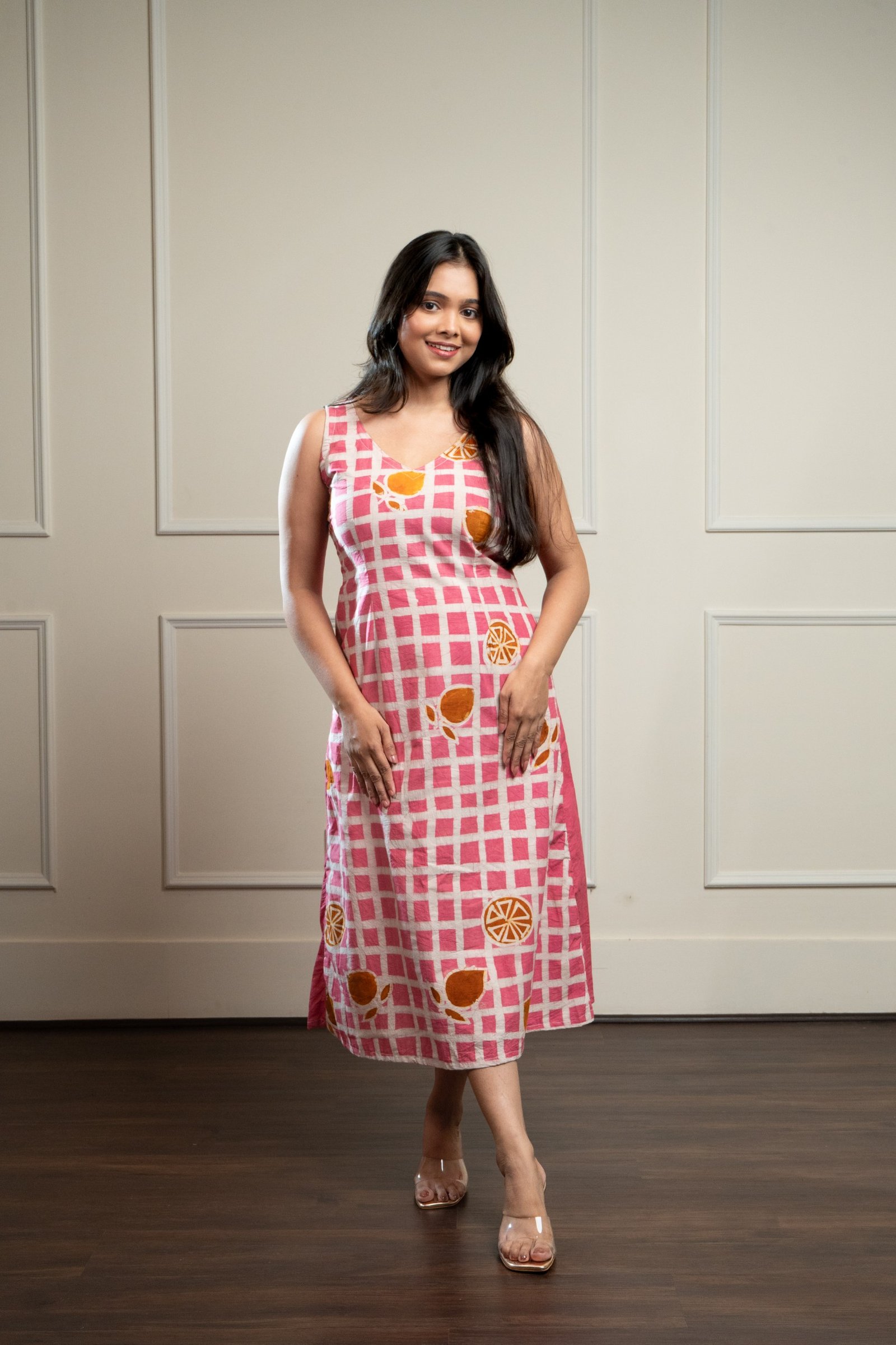 Pink Checks Hand Batik Pure Cotton Dress - Image 5