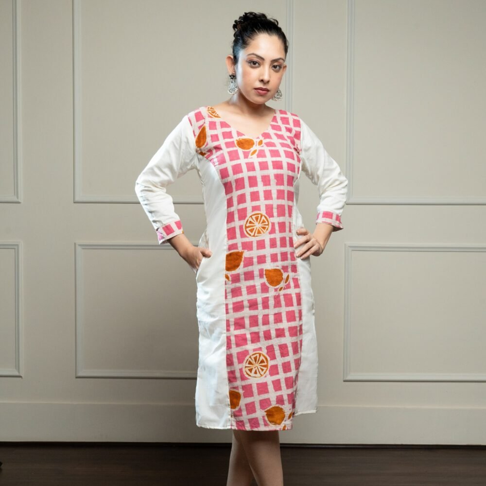 Pink Checks & White Princess Cut Sleeves Dress