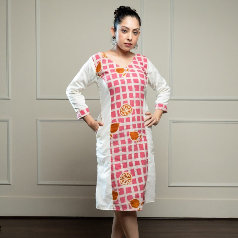 Pink Checks & White Princess Cut Sleeves Dress