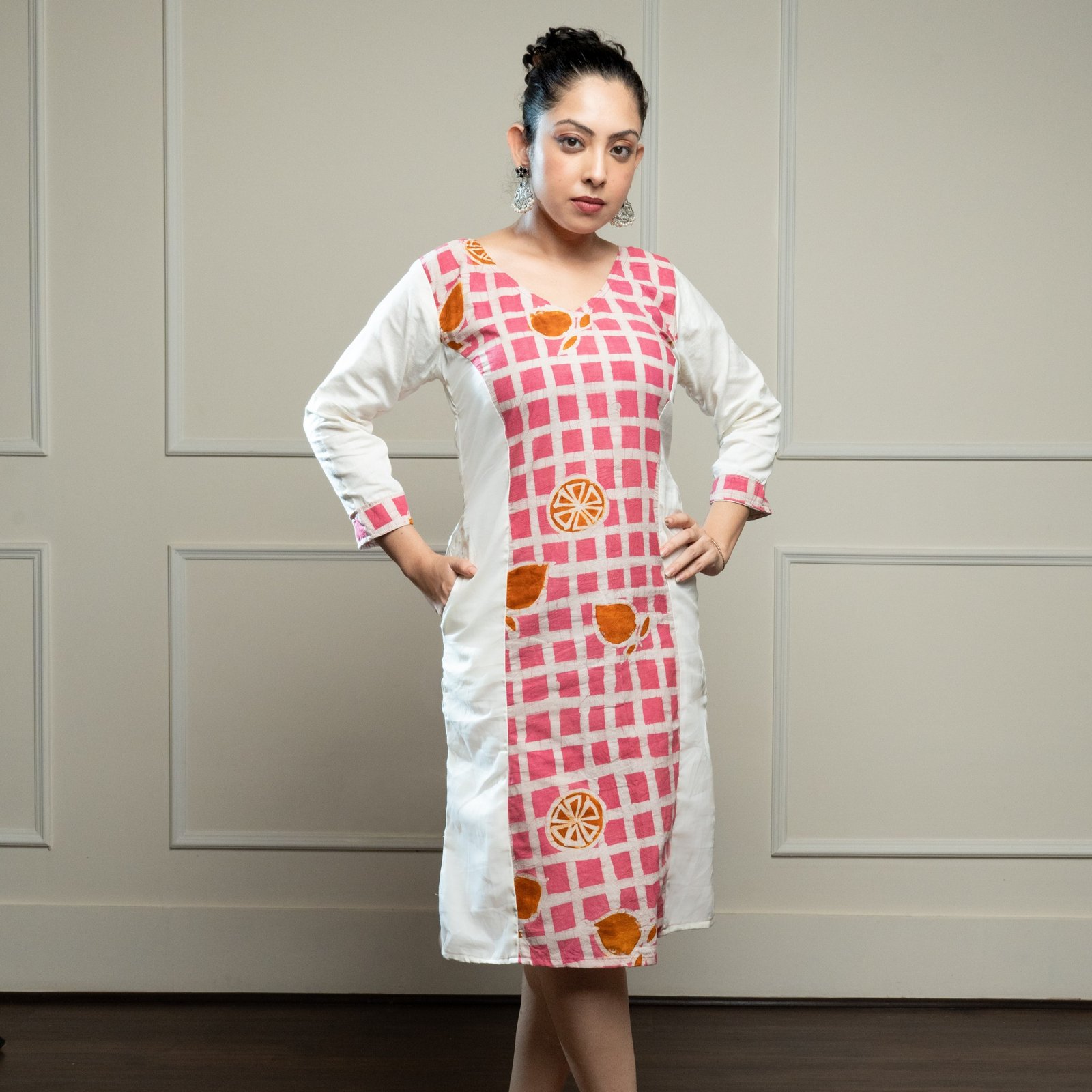 Pink Checks & White Princess Cut Sleeves Dress