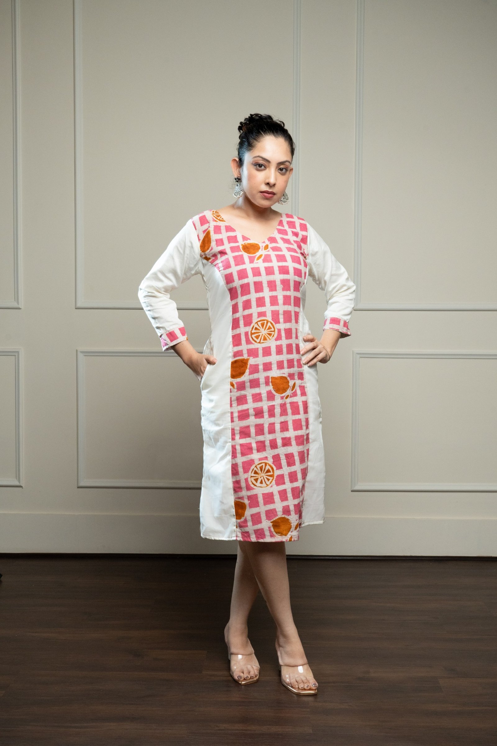 Pink Checks & White Princess Cut Sleeves Dress - Image 3