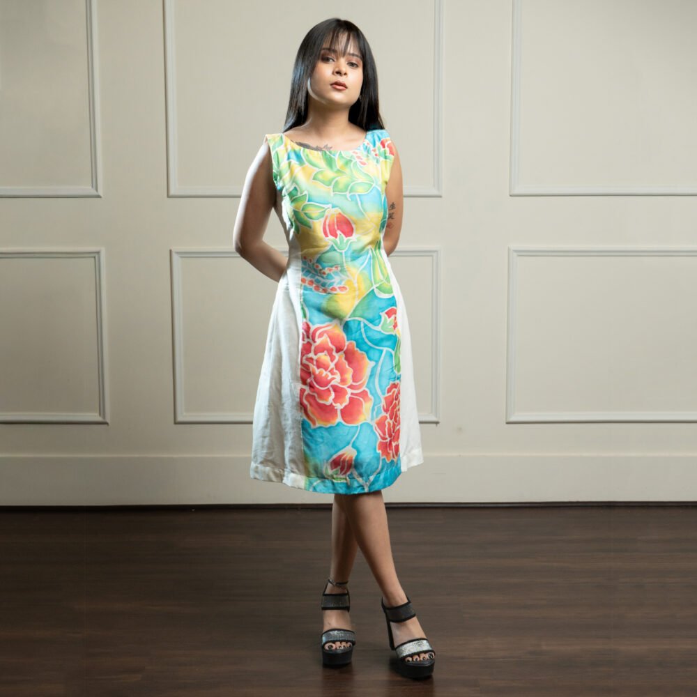 Rose Garden Hand Brush Painted Silk and Cotton Short Dress