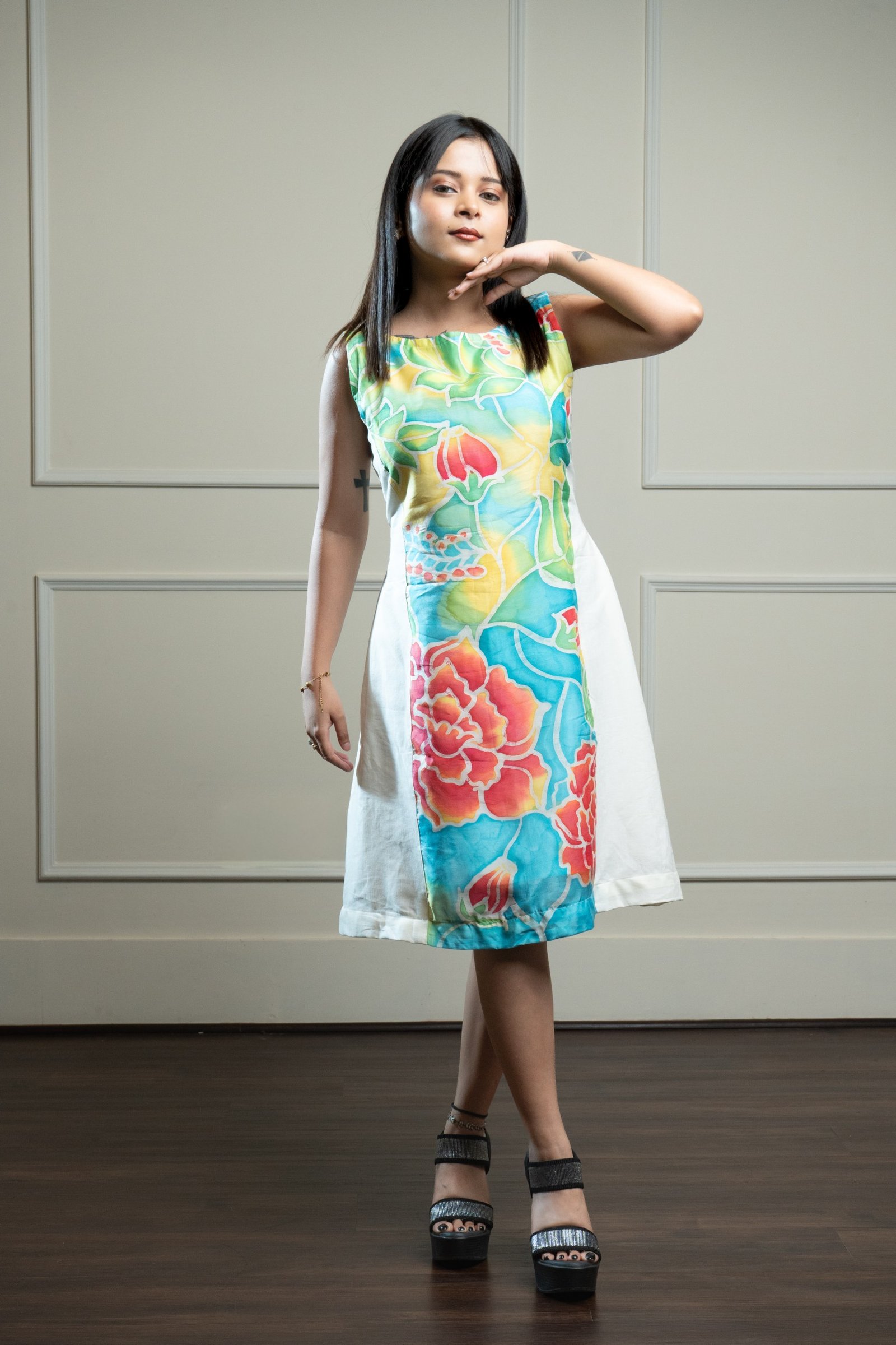 Rose Garden Hand Brush Painted Silk and Cotton Short Dress - Image 2