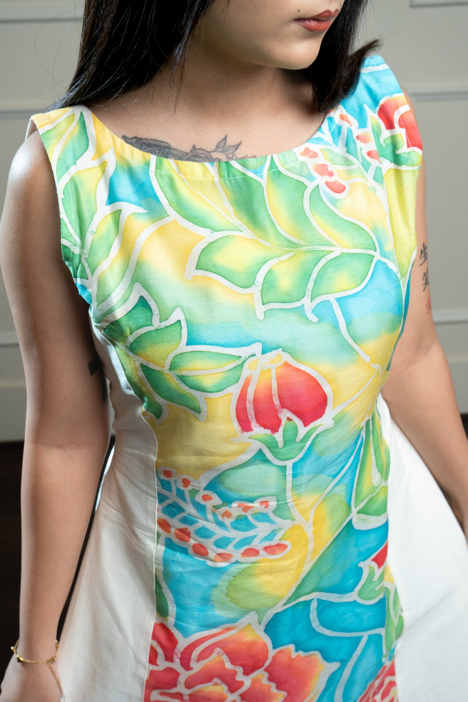 Rose Garden Hand Brush Painted Silk and Cotton Short Dress - Image 3