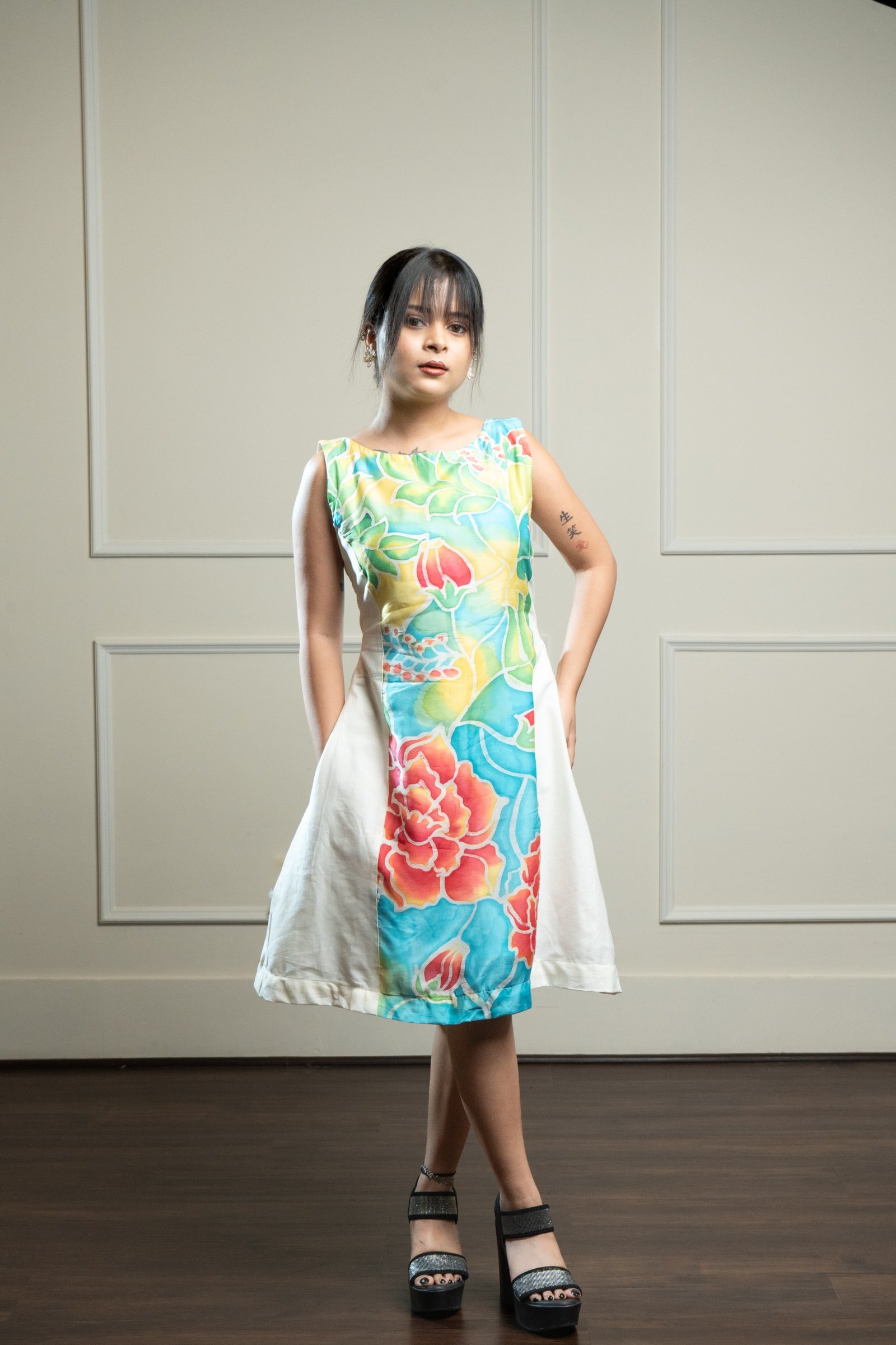 Rose Garden Hand Brush Painted Silk and Cotton Short Dress - Image 5