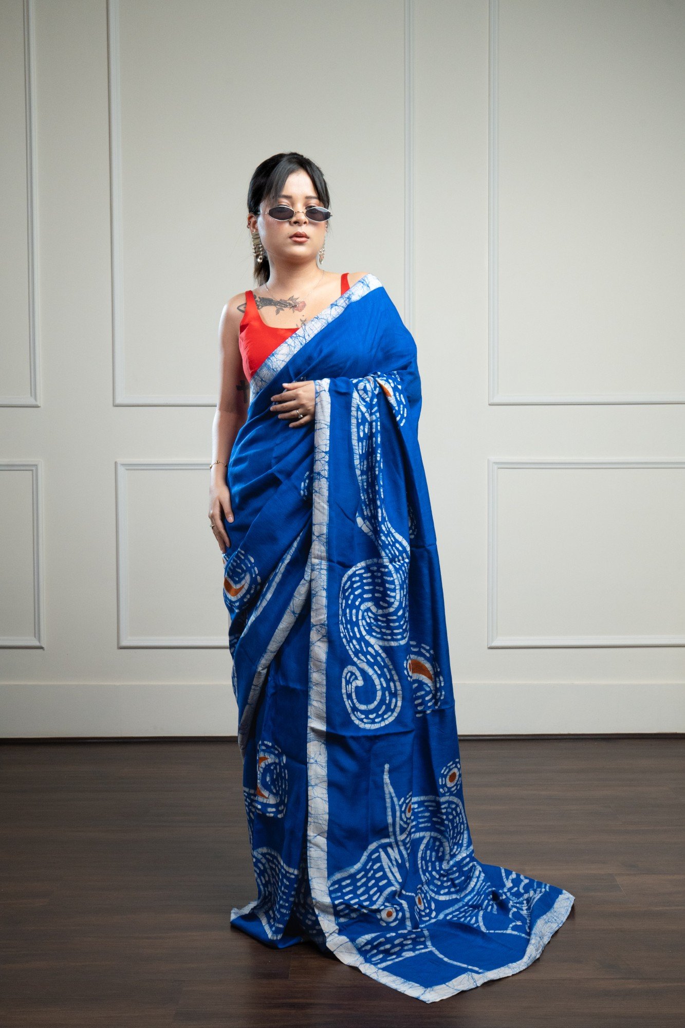 Starry Night Blue Hand Batik Silk Saree - Image 2
