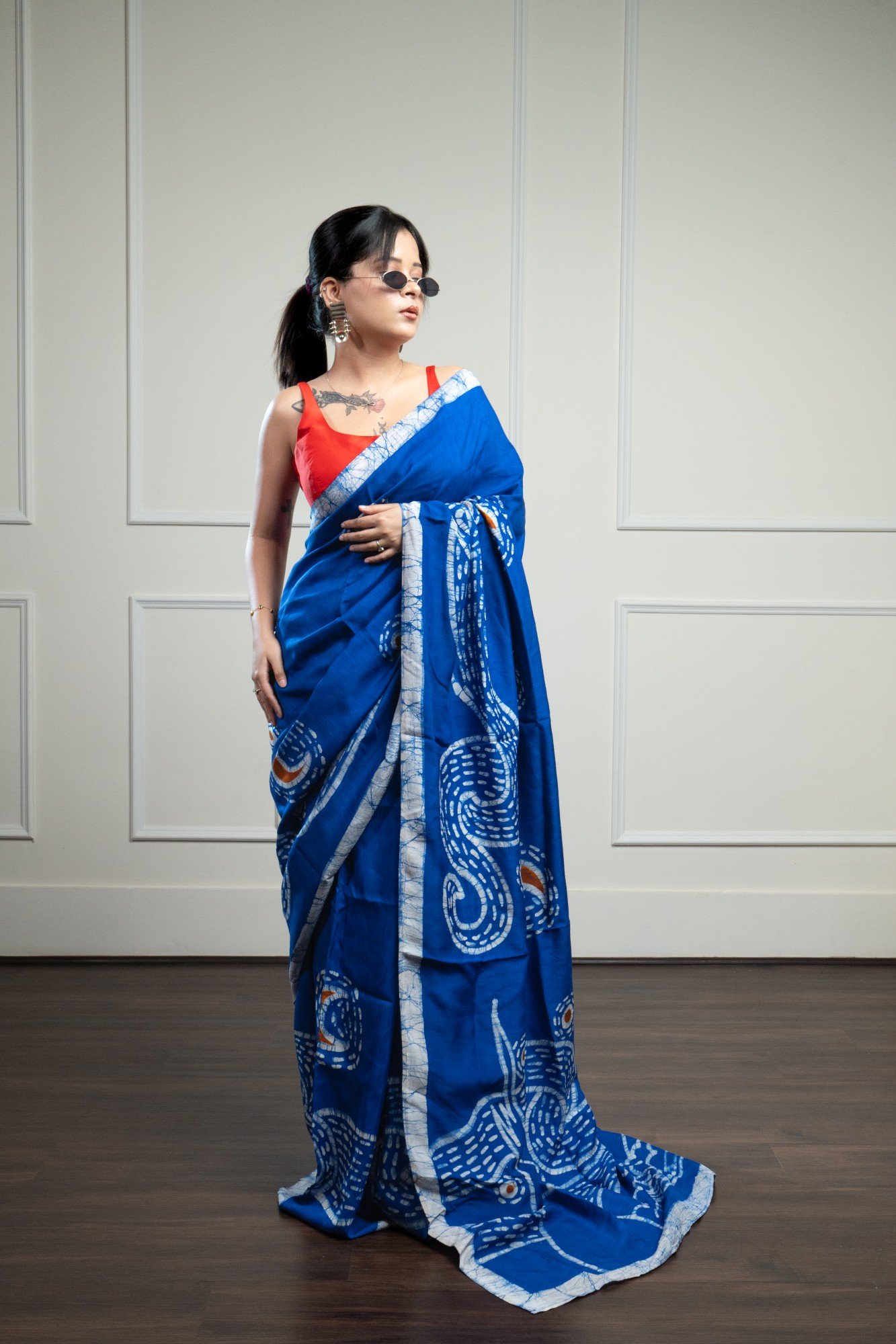Starry Night Blue Hand Batik Silk Saree - Image 7