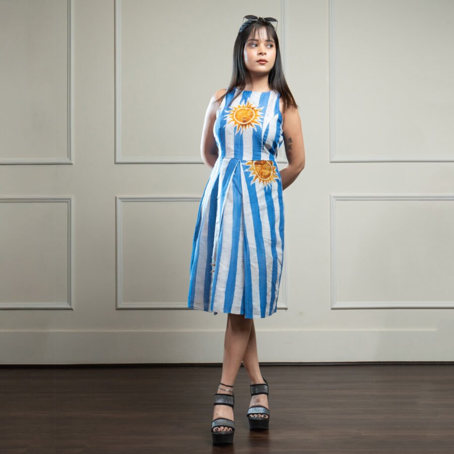 Sun Blue Stripes Hand Batik Pure Cotton Pleat Dress
