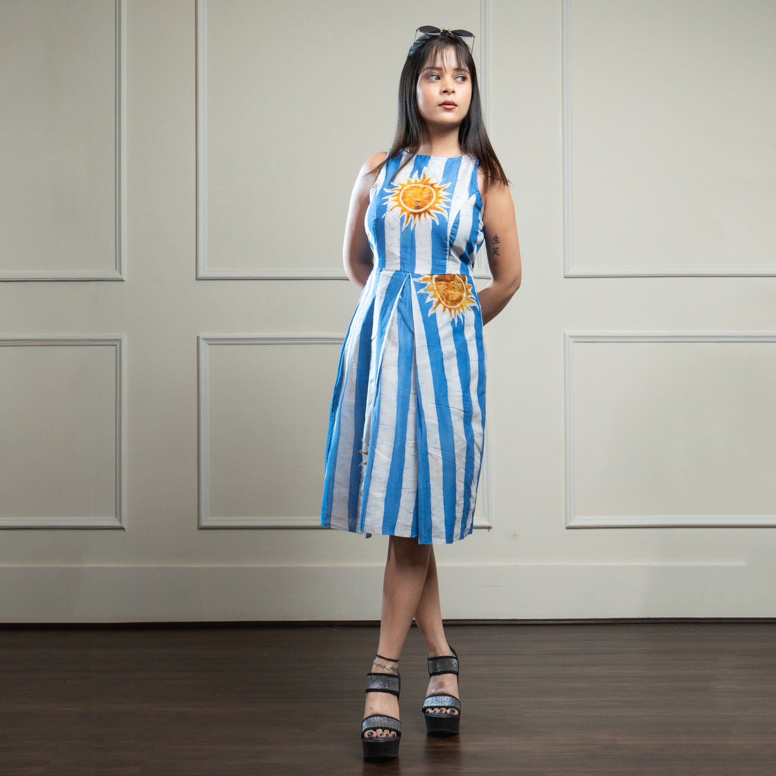 Sun Blue Stripes Hand Batik Pure Cotton Pleat Dress