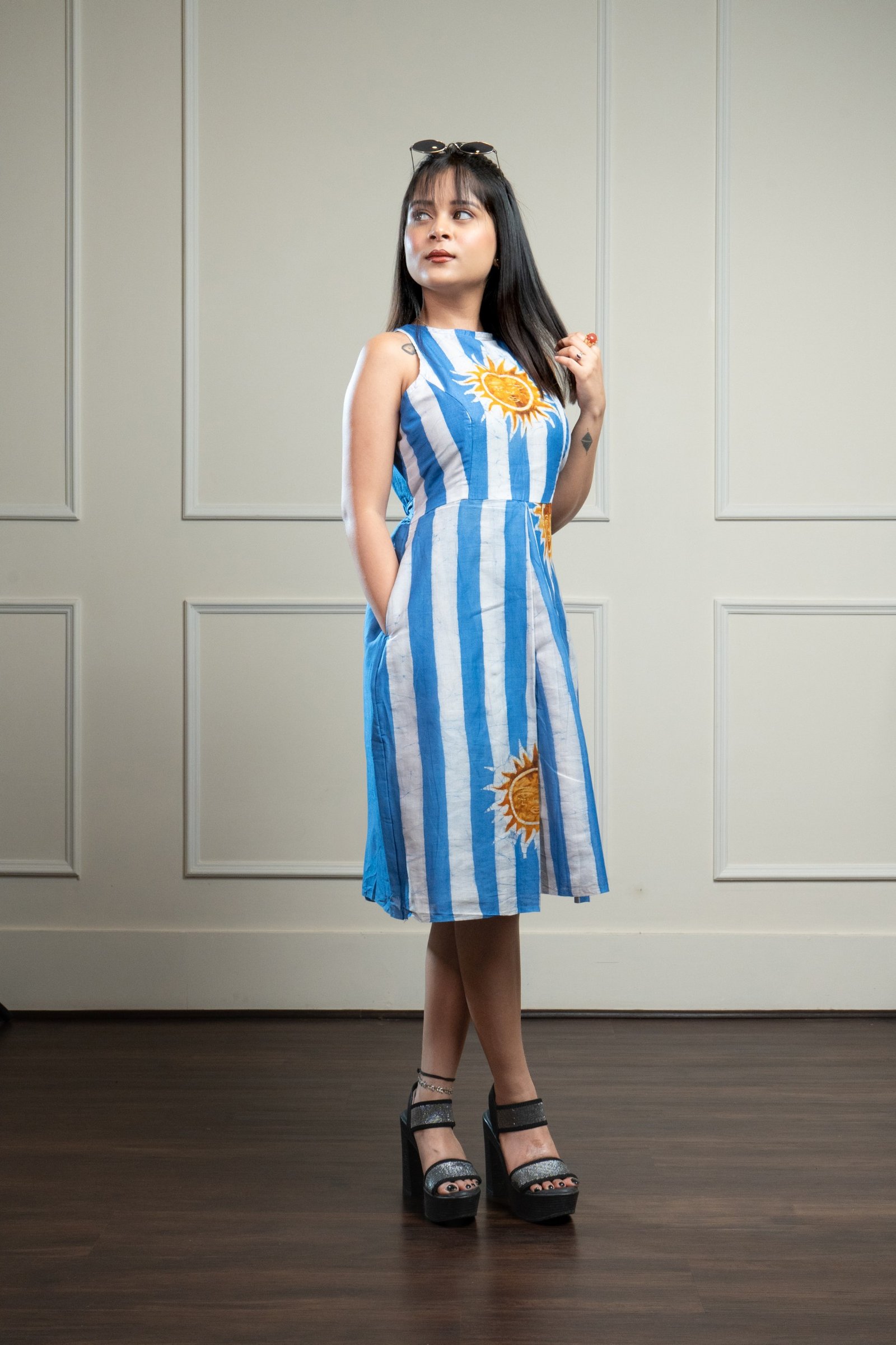 Sun Blue Stripes Hand Batik Pure Cotton Pleat Dress - Image 2