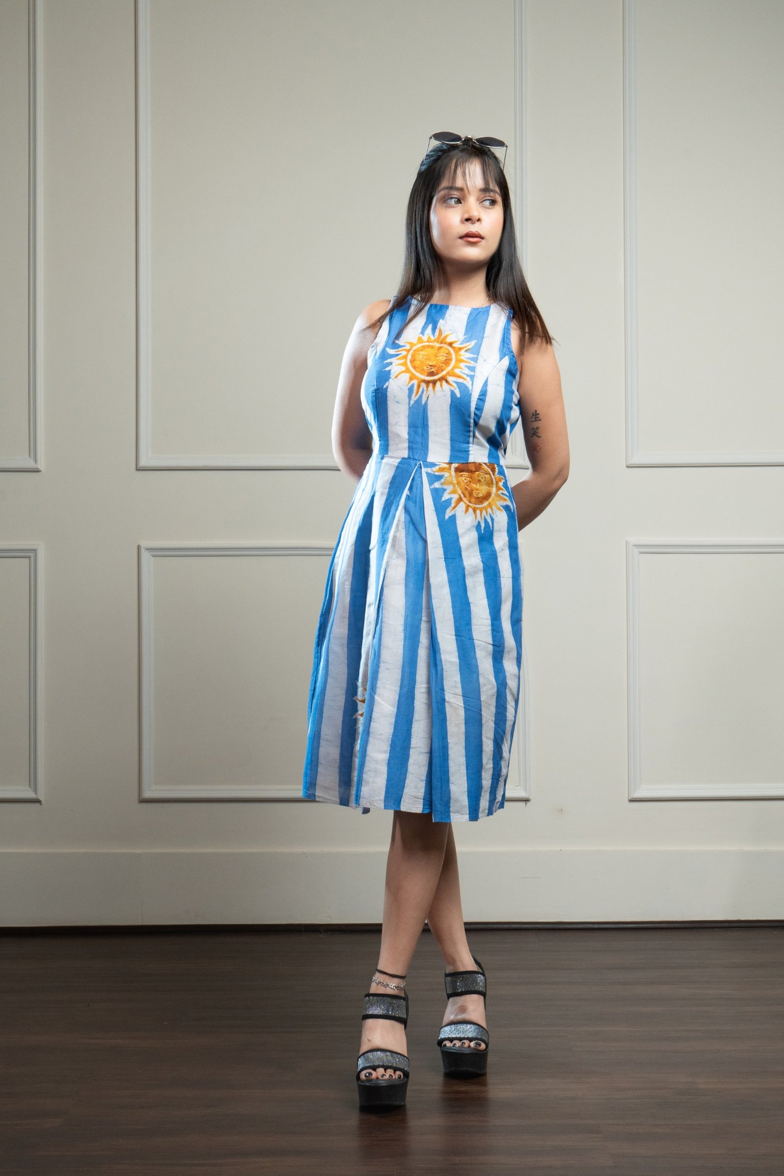 Sun Blue Stripes Hand Batik Pure Cotton Pleat Dress - Image 3