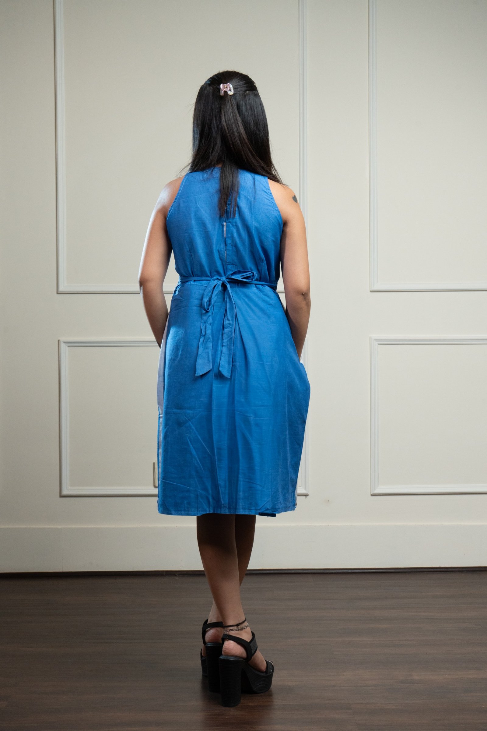 Sun Blue Stripes Hand Batik Pure Cotton Pleat Dress - Image 5