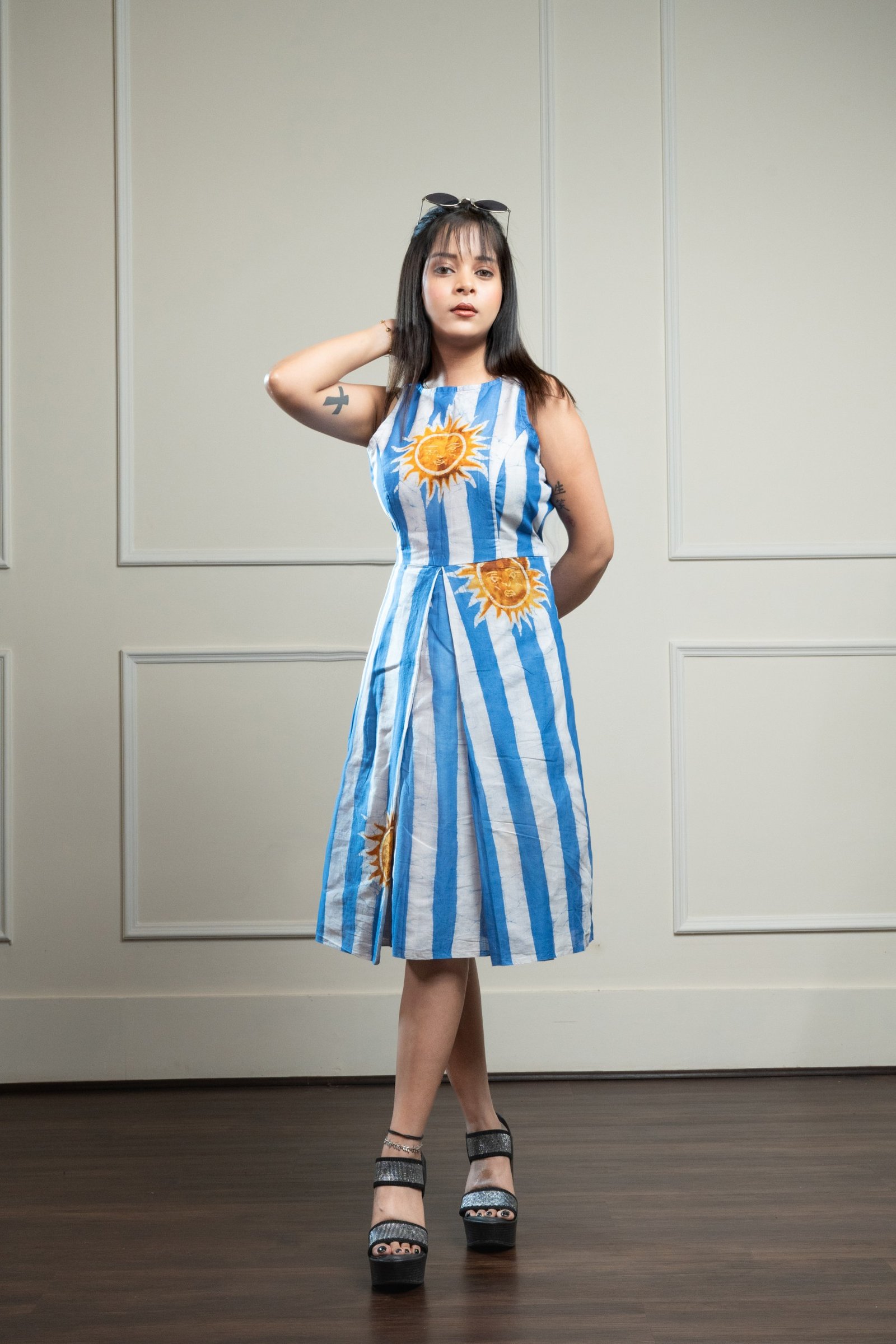 Sun Blue Stripes Hand Batik Pure Cotton Pleat Dress - Image 6