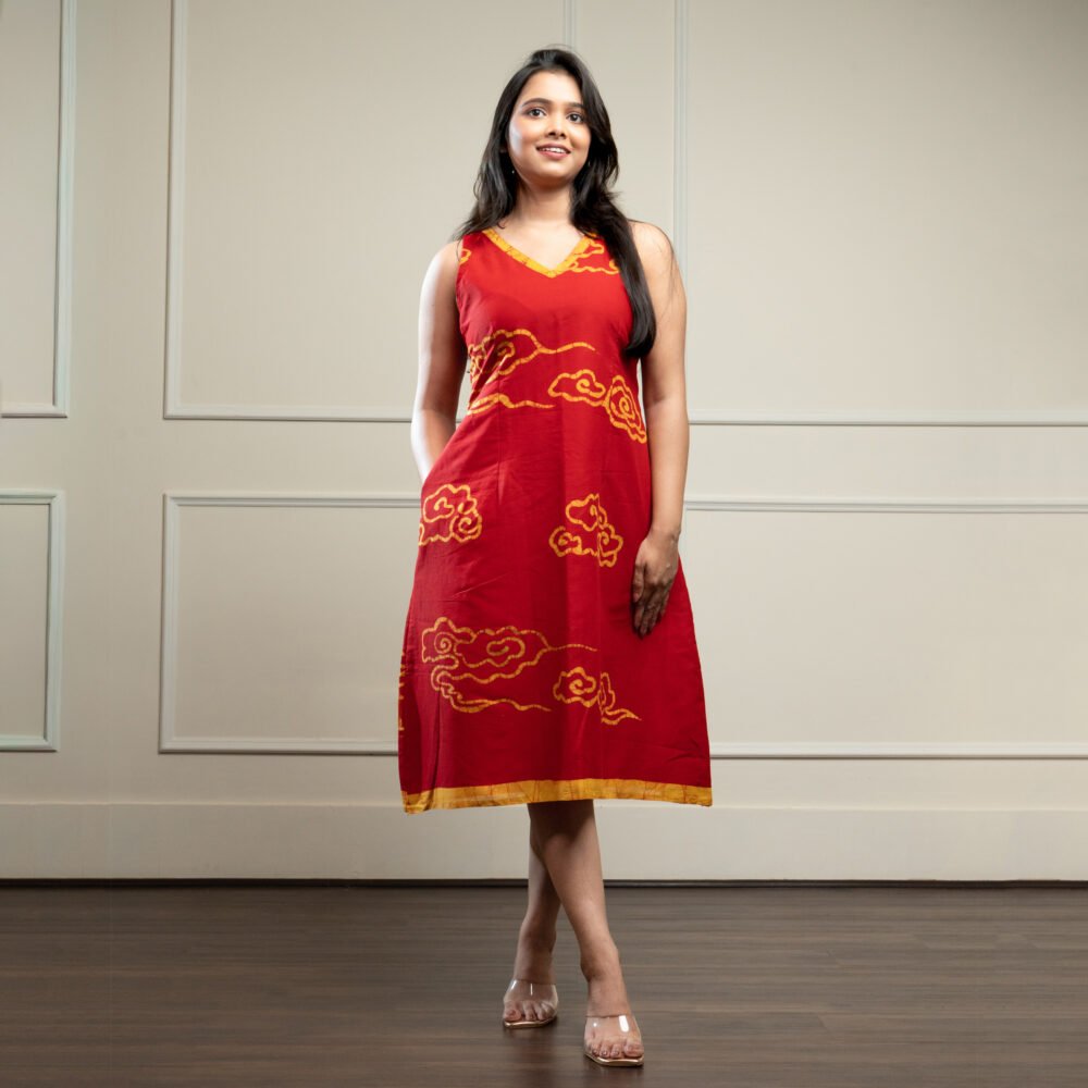 Sunset Clouds Hand Batik Pure Cotton Red Dress