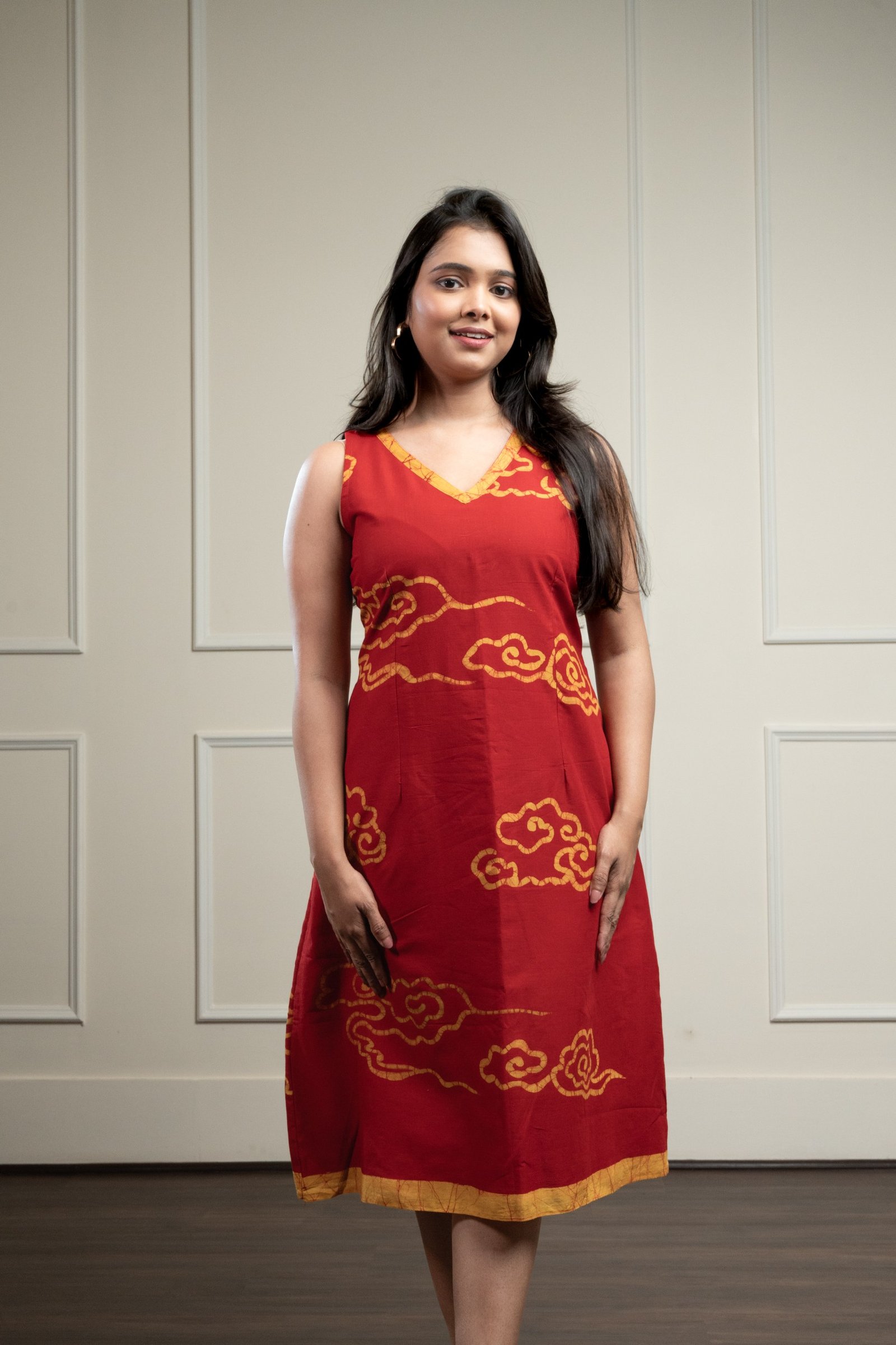Sunset Clouds Hand Batik Pure Cotton Red Dress - Image 2