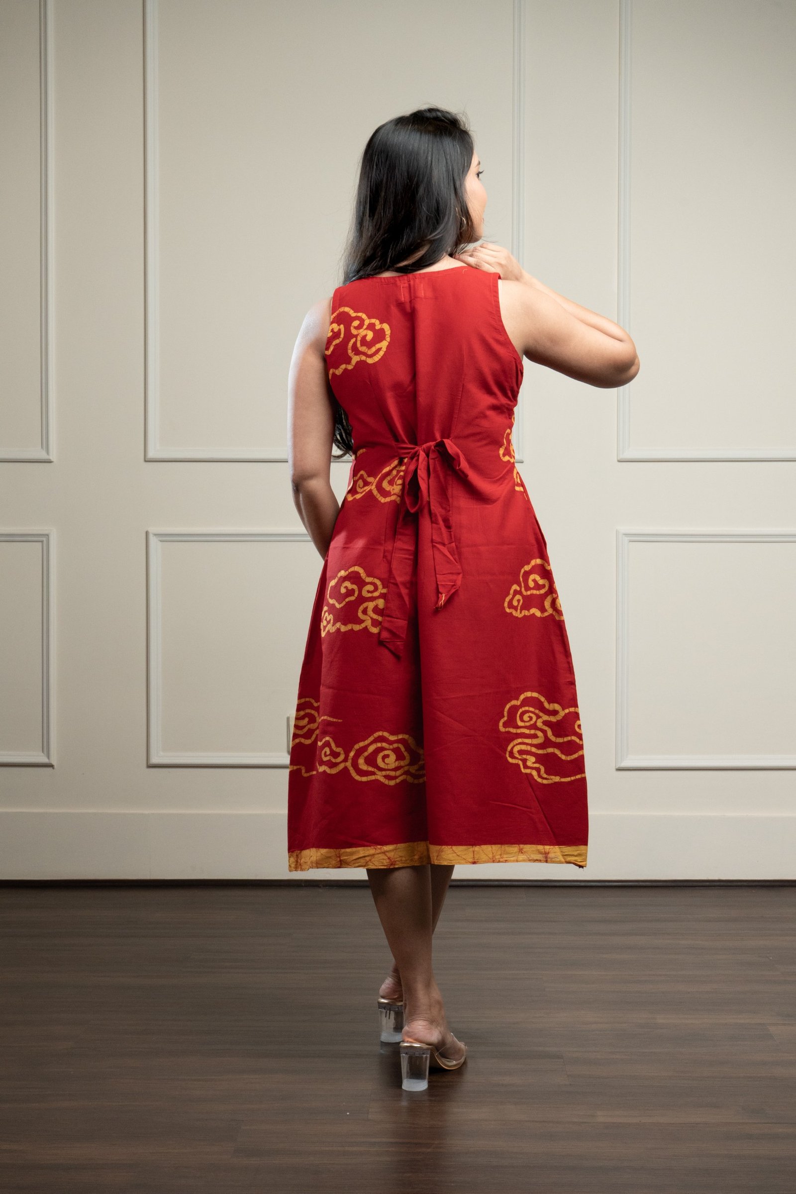 Sunset Clouds Hand Batik Pure Cotton Red Dress - Image 3