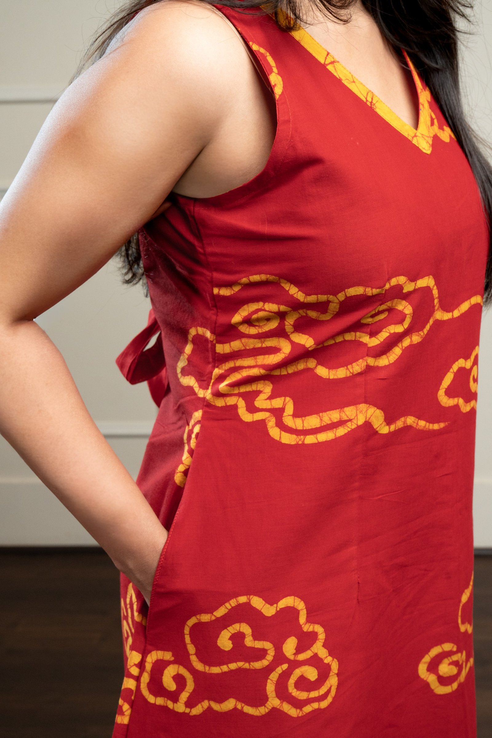 Sunset Clouds Hand Batik Pure Cotton Red Dress - Image 4