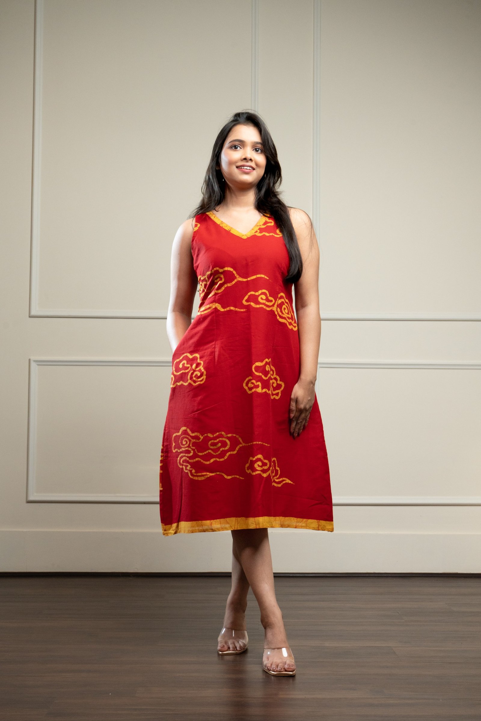 Sunset Clouds Hand Batik Pure Cotton Red Dress - Image 5