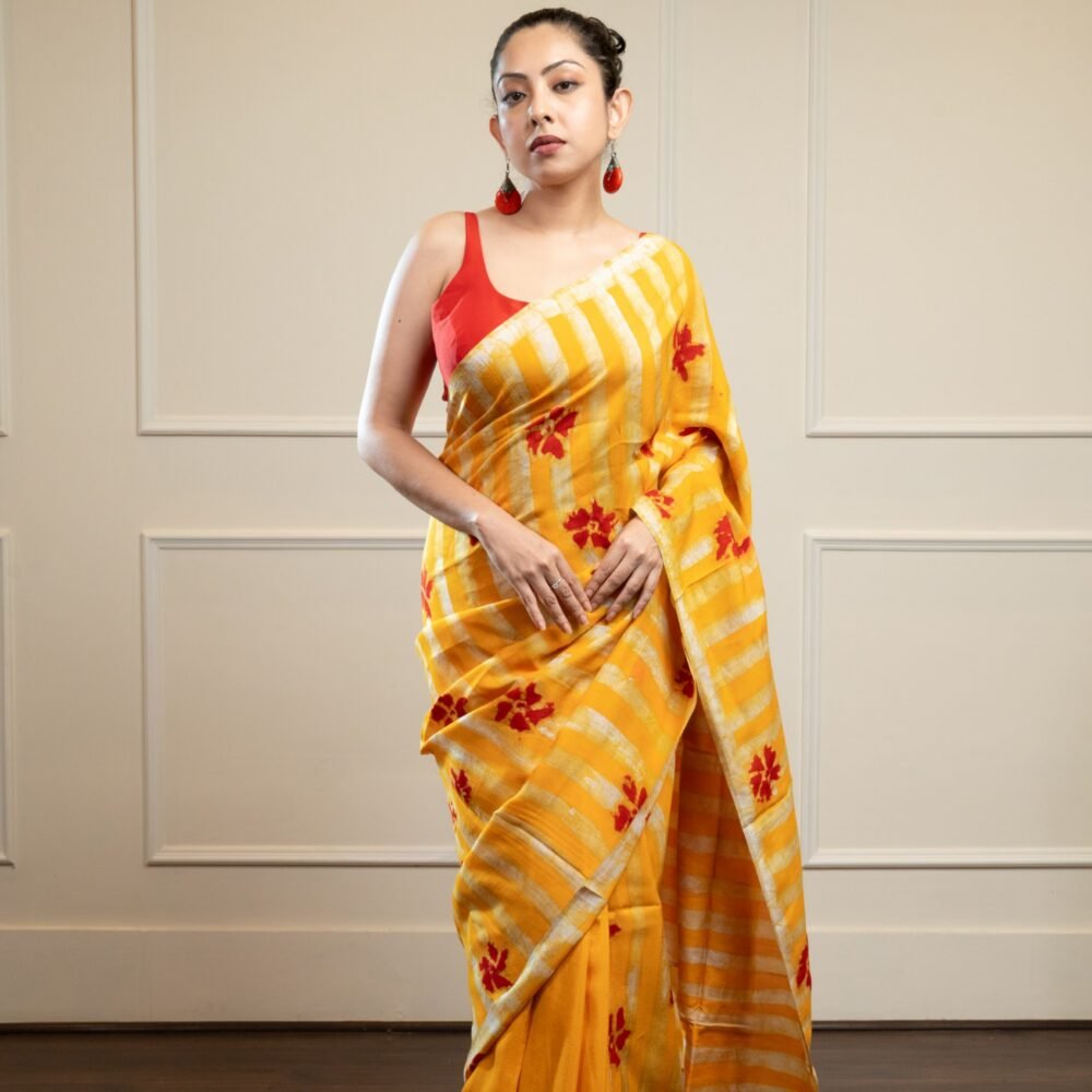 Yellow Floral Stripes Hand Batik Silk Saree